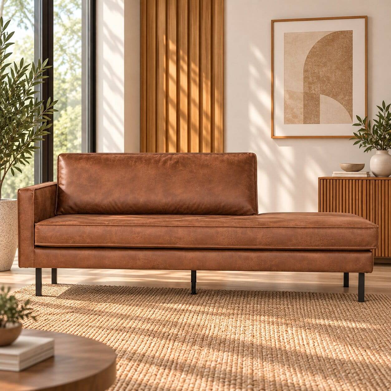 Braunes Dreier Sofa aus Recyclingleder mit Chaise Lounge für das Wohnzimmer – Ossana