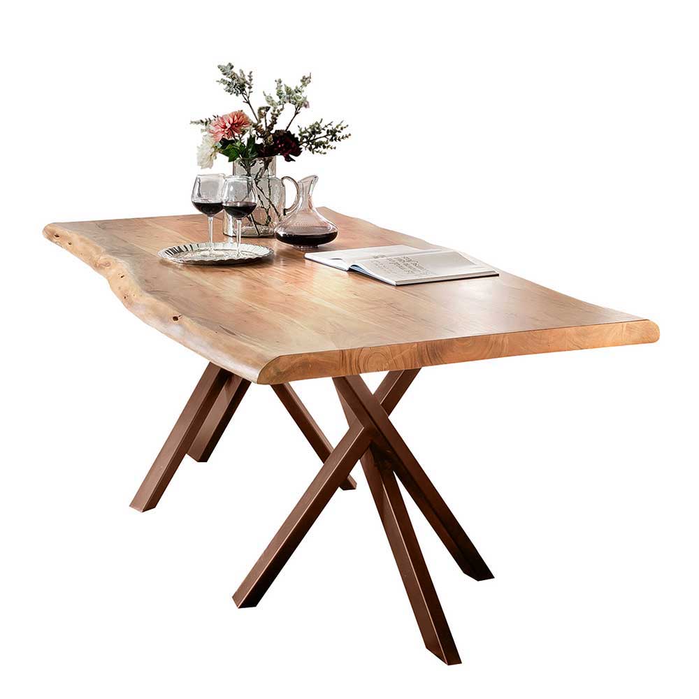 Akazie Holztisch mit Naturkante Vissy & Stahlgestell Braun