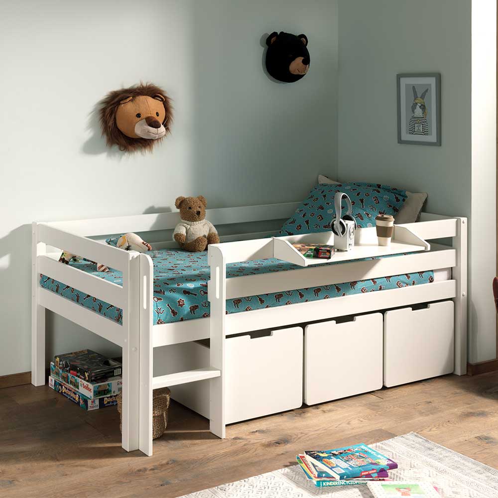 Weißes niedriges Hochbett mit drei Rollschubkästen und Hängeregal für Kinder – Azuro