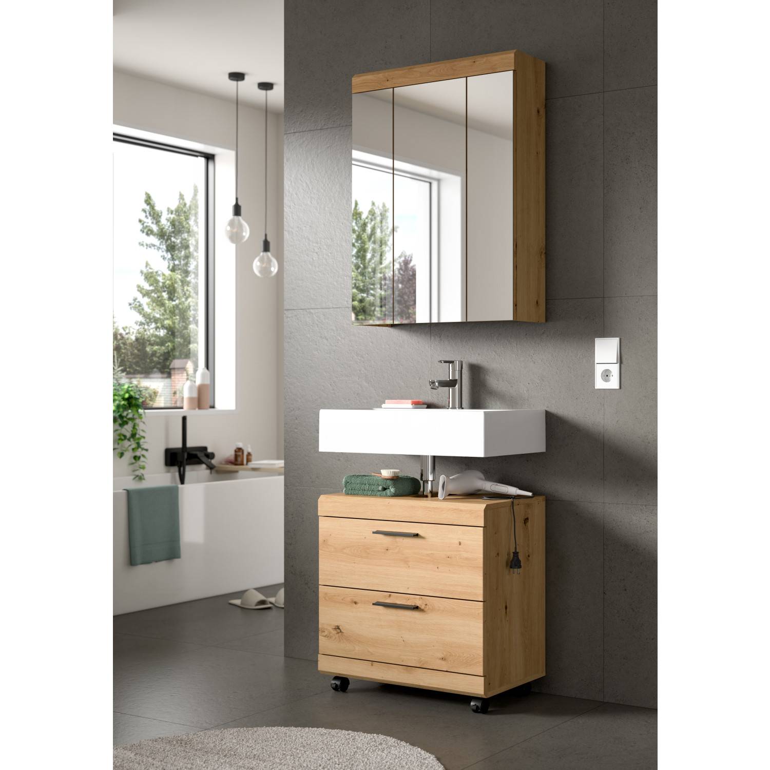 Modernes Badmöbel-Set mit Spiegelschrank und Waschbeckenunterschrank auf Rollen – Lasewood
