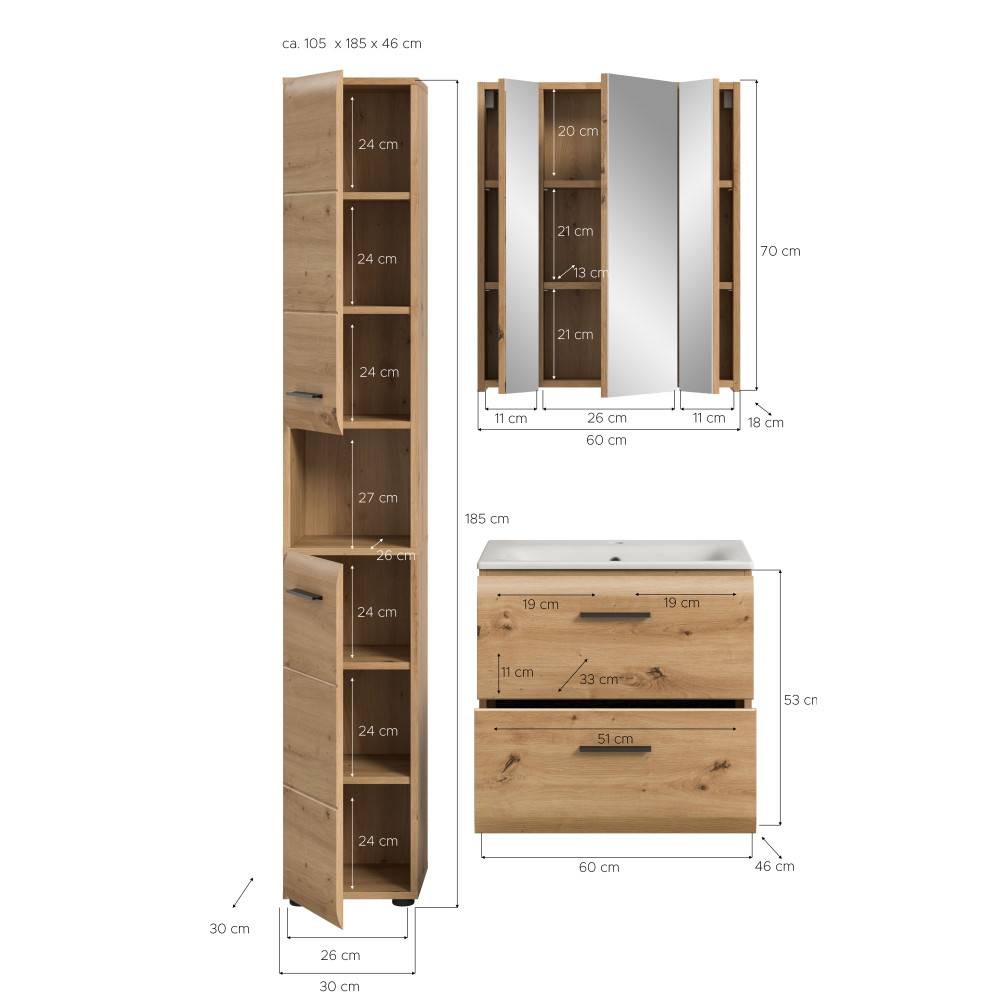 Vierteiliges Waschplatz Set Maße und Abmessungen für Waschtisch, Spiegelschrank und Hochschrank – Canopus