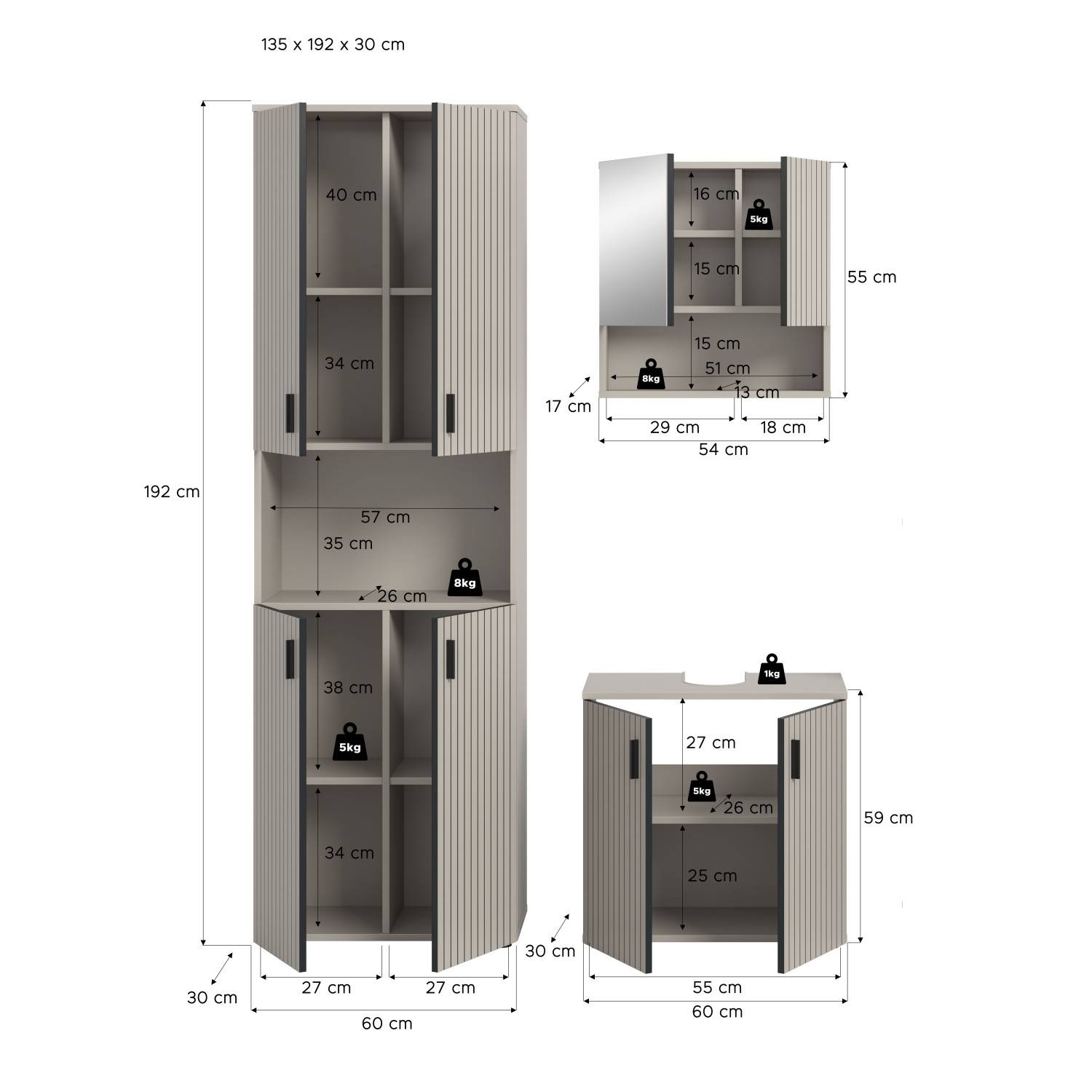 Maße und Abmessungen des dreiteiligen Badezimmerschrank-Sets mit Hochschrank, Spiegelschrank, Unterschrank – Loktos