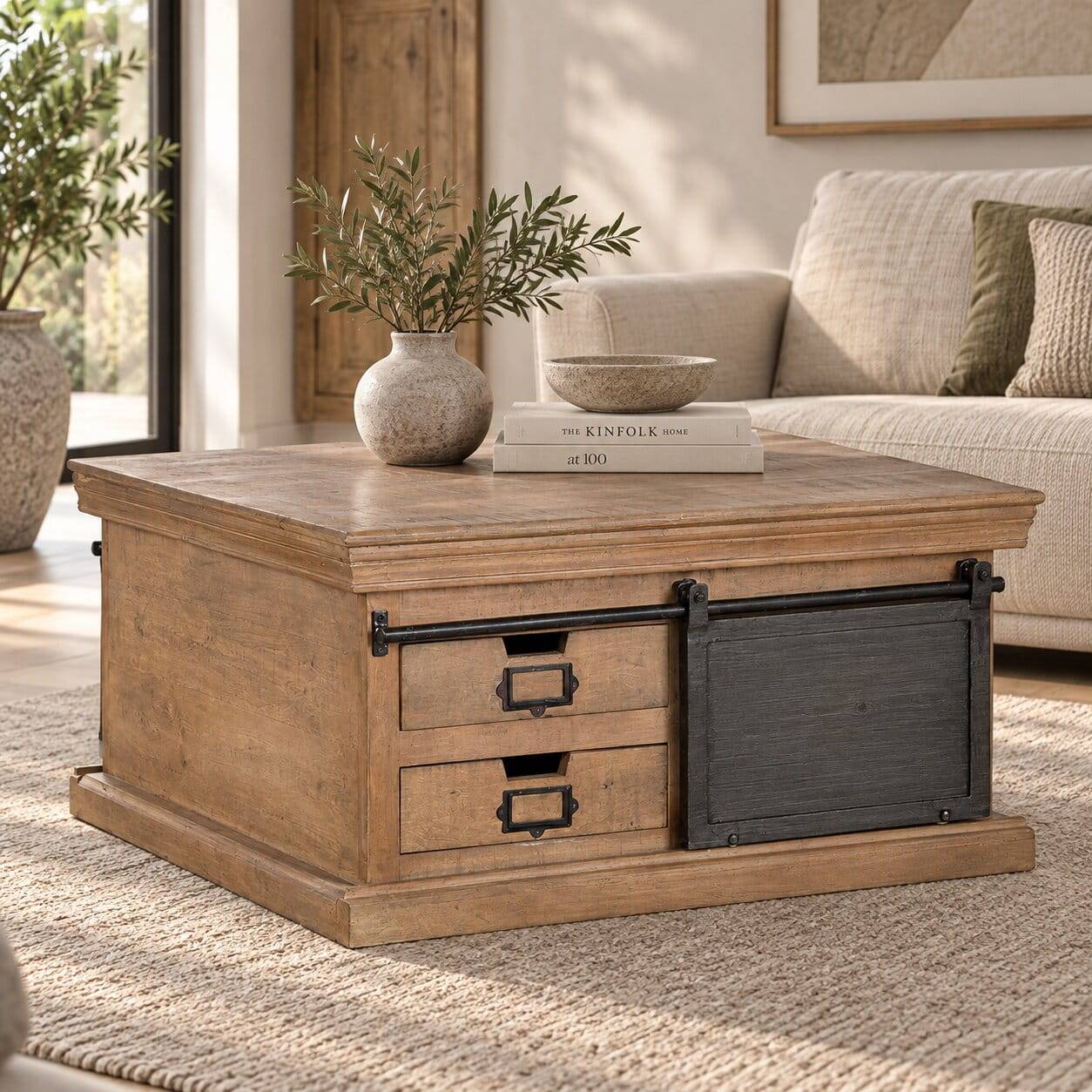 Industrial Chic Couchtisch mit Stauraum aus Mangobaum Massivholz und Metall