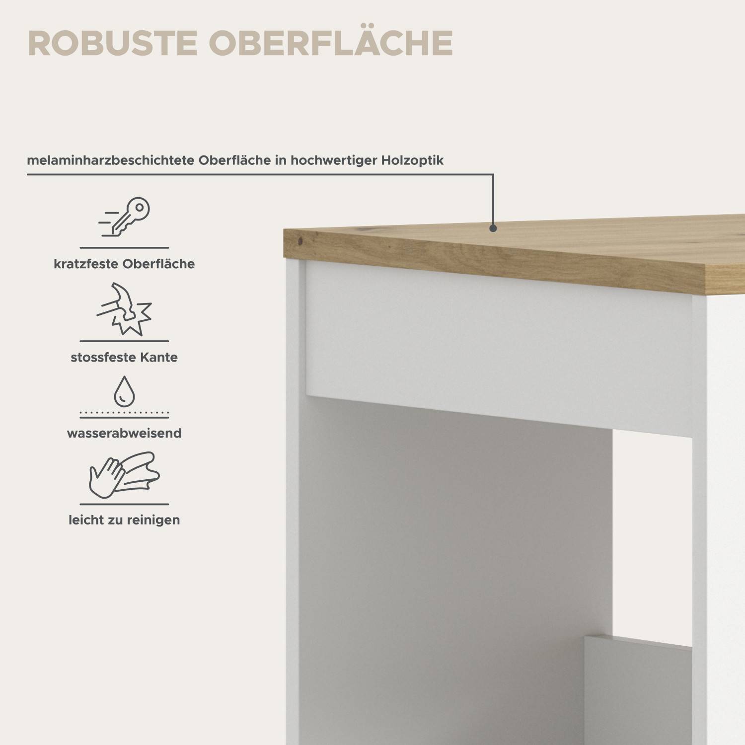 Kratzfeste, wasserabweisende Oberfläche des Hochtisches in Holzoptik, leicht zu reinigen – Sabato