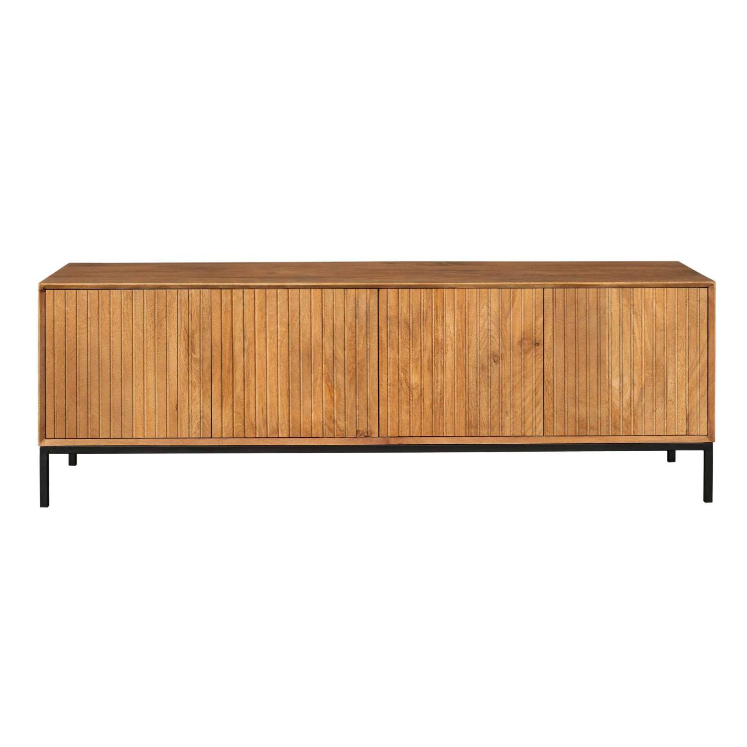 Naturholz TV Sideboard mit Rillenfront und geschlossenen Türen auf schwarzem Gestell – Kojas