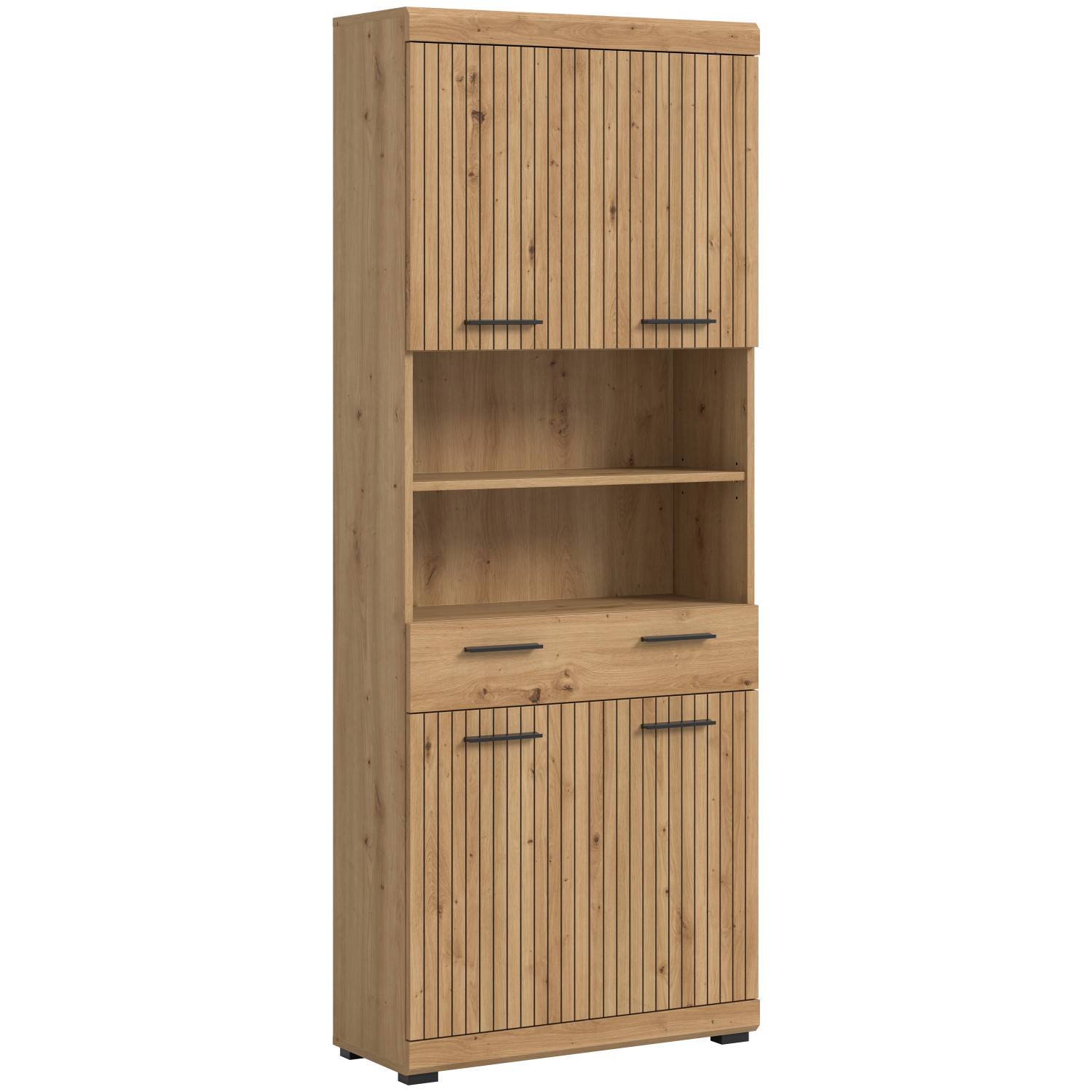 Holzfarbene hohe Kommode mit geriffelten Türen, Schubladen und offenen Fächern für Wohnzimmer – Lasewood
