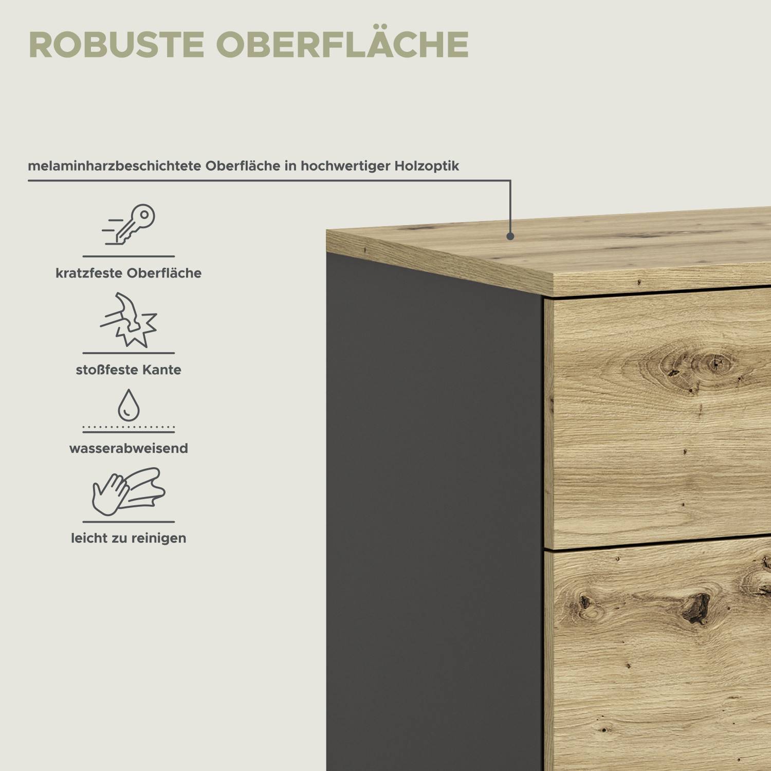 Kommode mit robuster, kratzfester und wasserabweisender Oberfläche in Holzoptik – Irysma