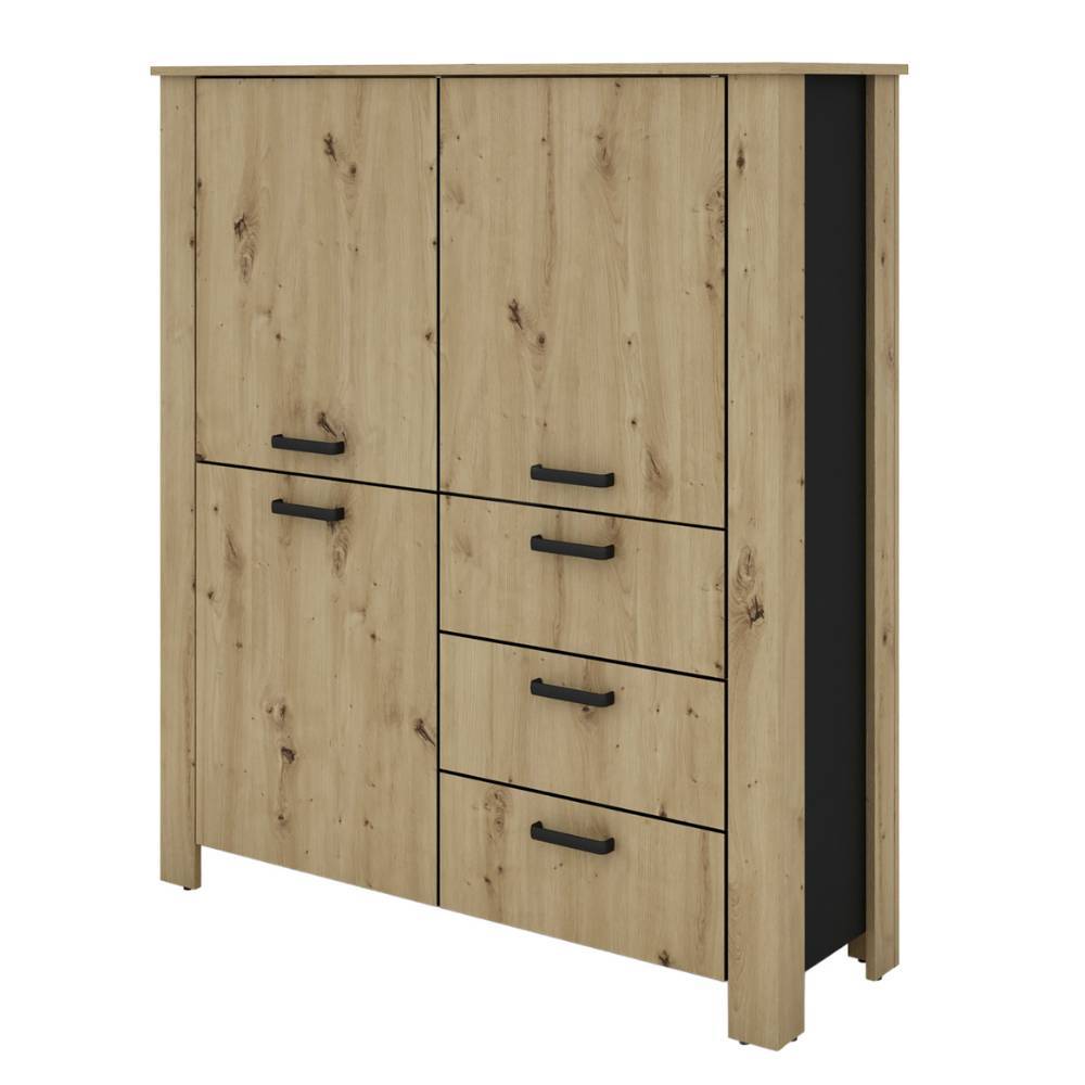Highboard in Wildeichefarben mit schwarzer Seitenleiste und vier Türen in Schrägansicht – Monte