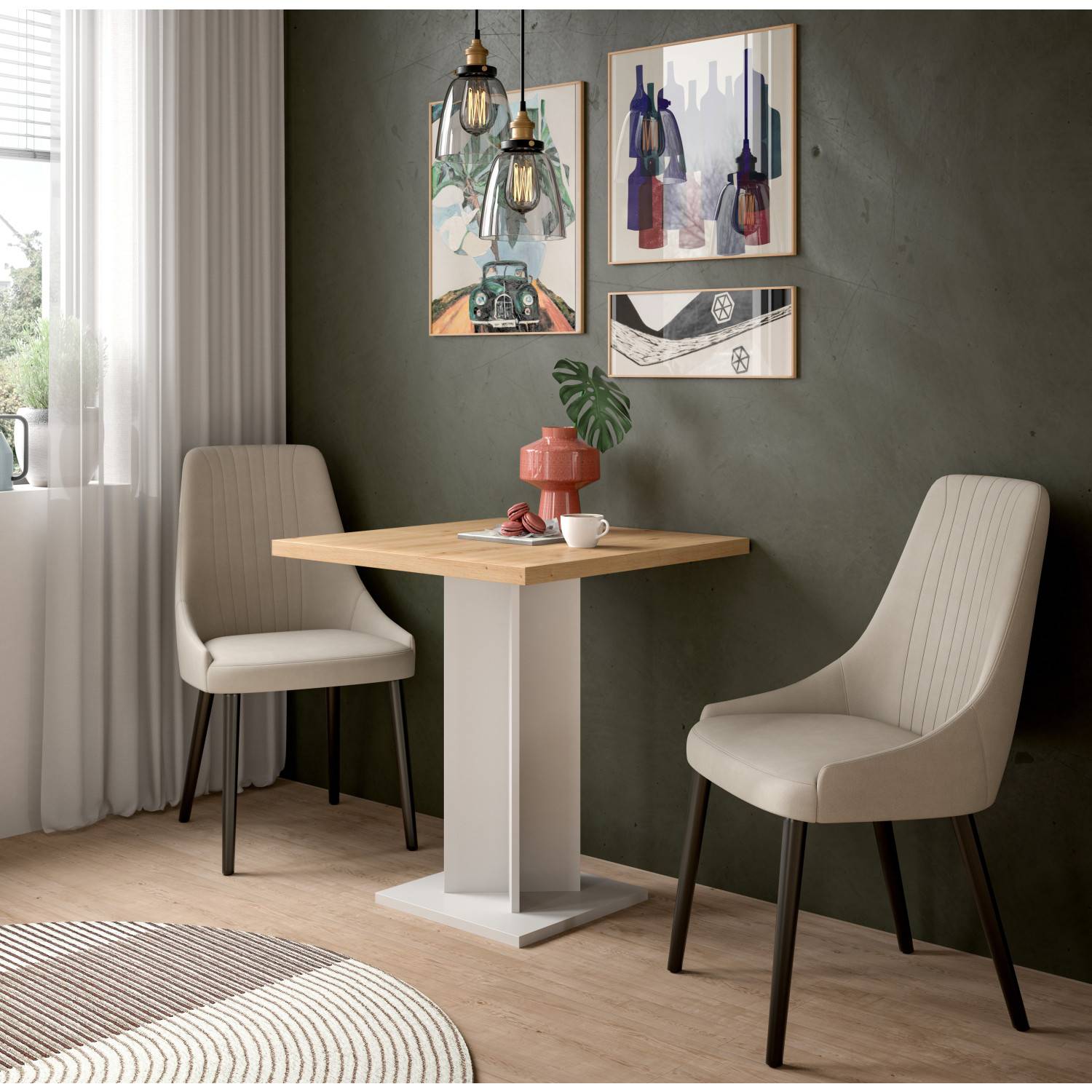 Quadratischer Küchentisch mit heller Holzplatte und weißem Mittelgestell in modernem Esszimmer – Korres