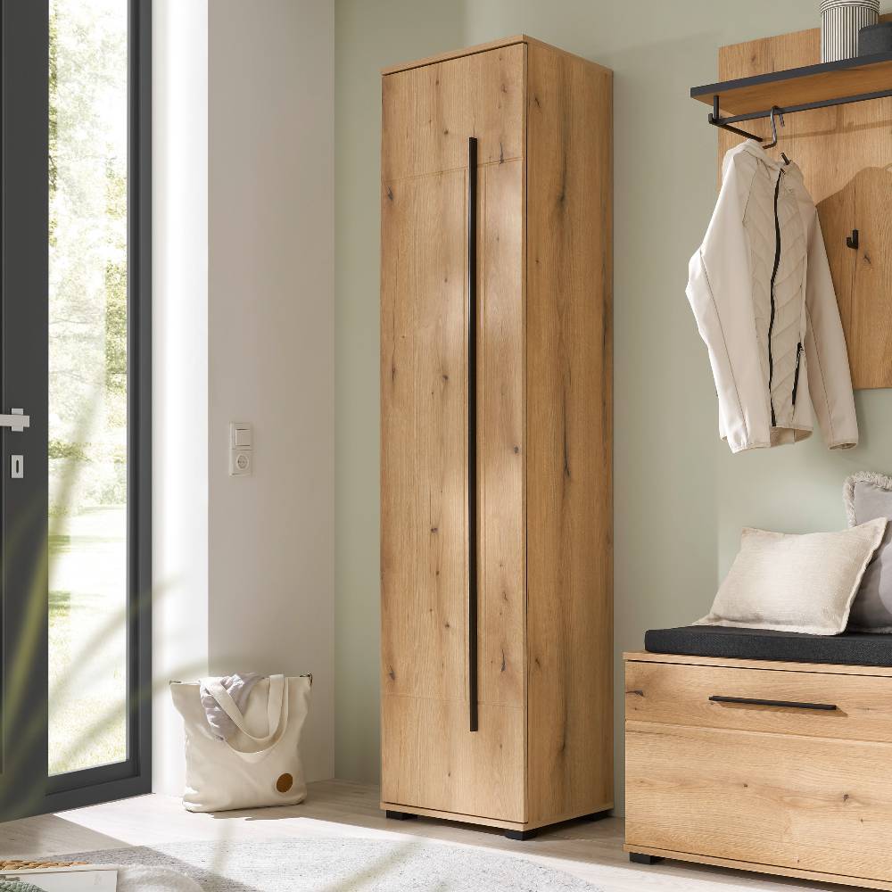 Garderoben Set in Eiche Optik mit hohem Schrank, Paneel und Schuhbank für den Flur – Moviess