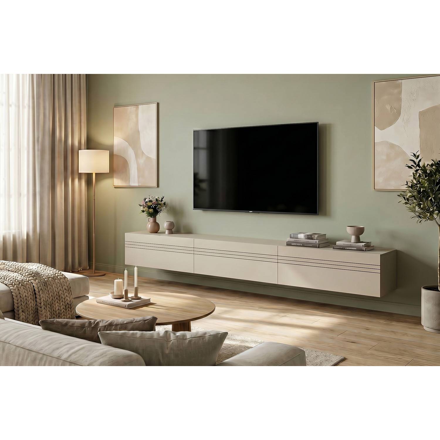 Modernes beiges Hänge TV-Board mit Rillenoptik im Wohnzimmer unter einem Fernseher – Draguno