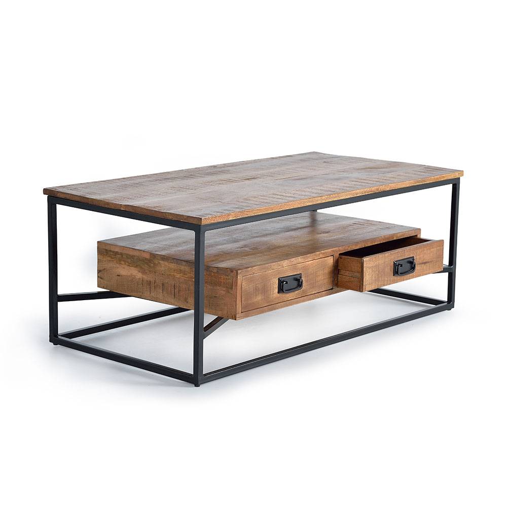 Rustikaler Sofatisch mit offener Schublade, Stauraum und Holzplatte im Industrial Look – Olmidava