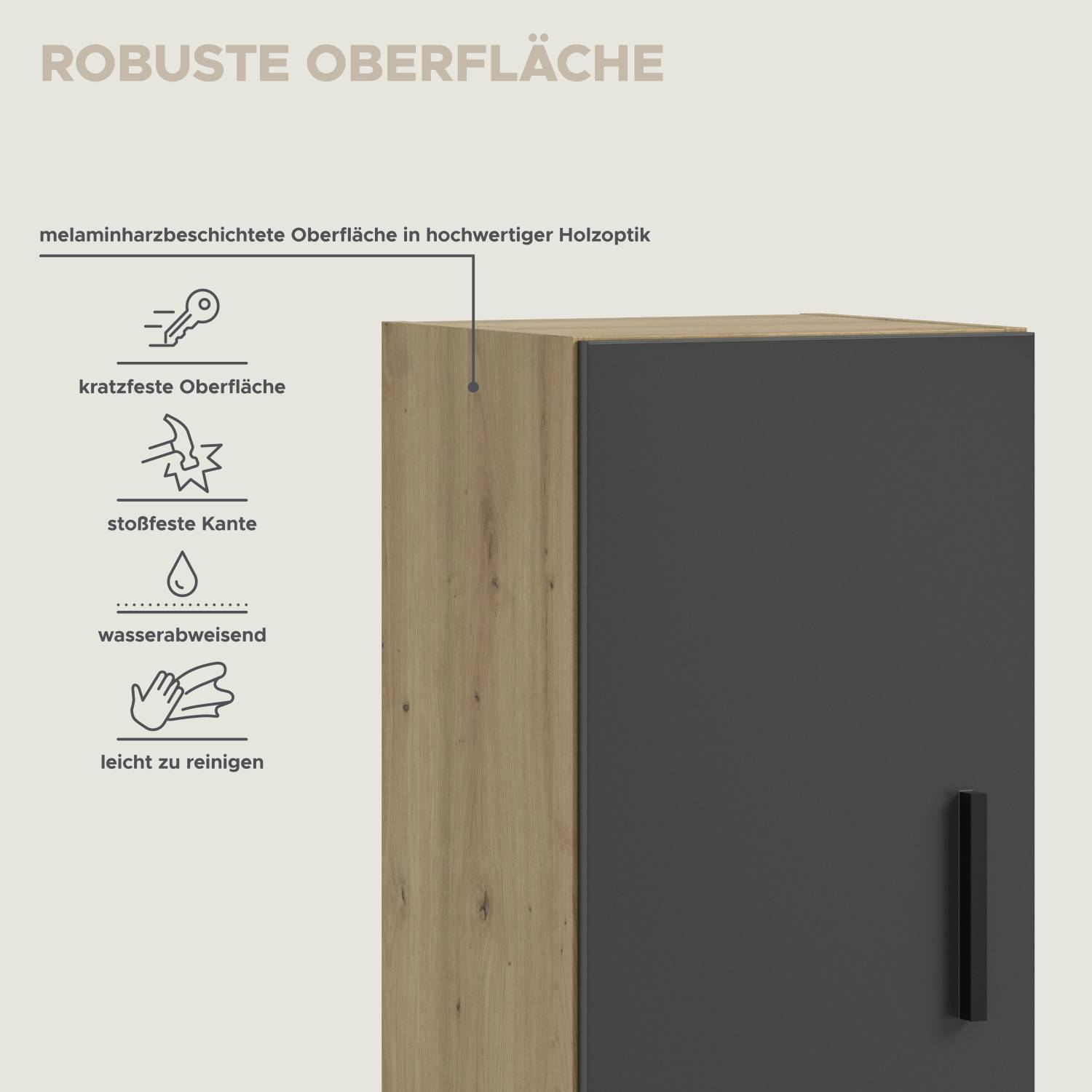 Robuste, kratzfeste und wasserabweisende Oberfläche in Artisan Oak Dekor und Anthrazit – Estoron