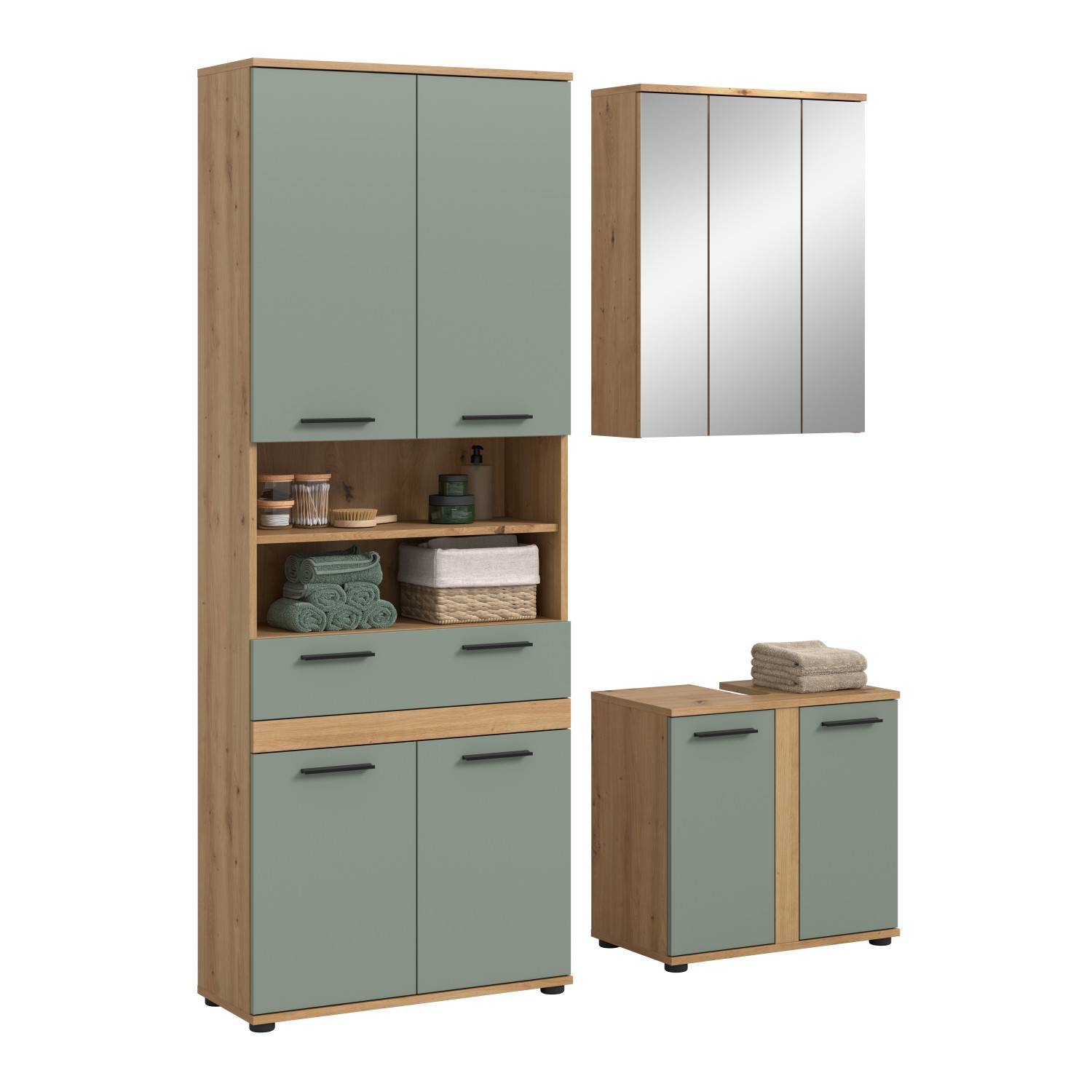 Badezimmermöbel Set mit Hochschrank, Spiegelschrank und Waschtischunterschrank in Holzoptik – Luzanos