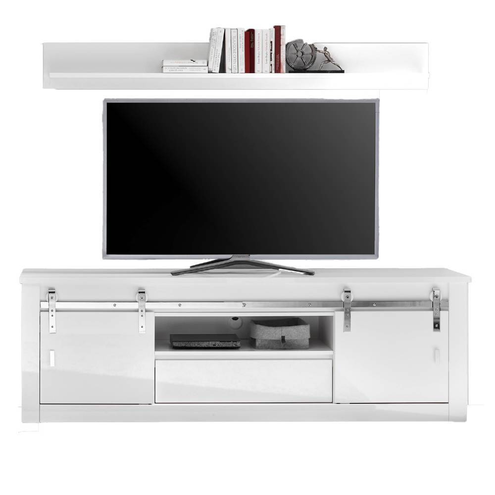 Weiße TV-Bank mit Flachbildfernseher und passendem Wandregal der Wohnzimmer-Wohnwand – Memphys