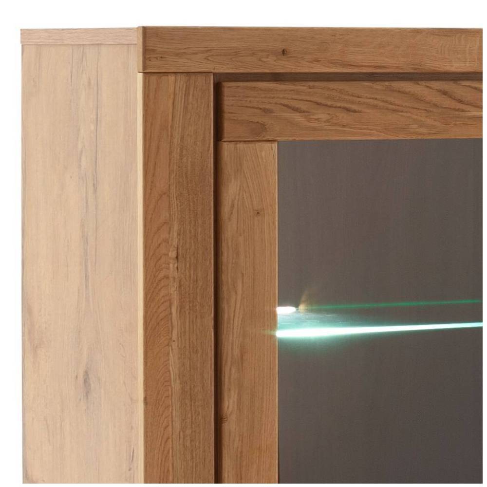 Highboard Vitrine aus Wildeiche mit Glasfront und leuchtendem Glasboden Detail – Scarlett
