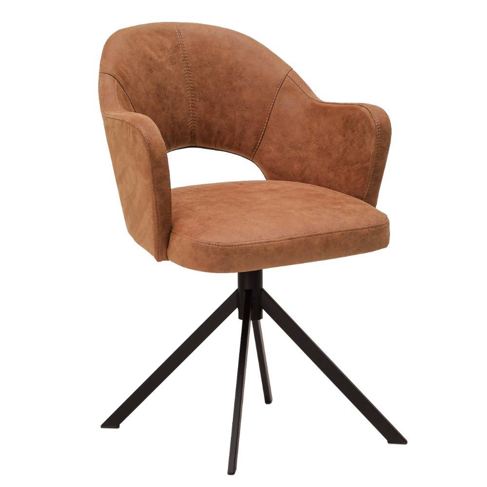 Design Tischsessel in Cognac Braun mit Kunstleder Bezug und schwarzem drehbarem Metallgestell – Maroko