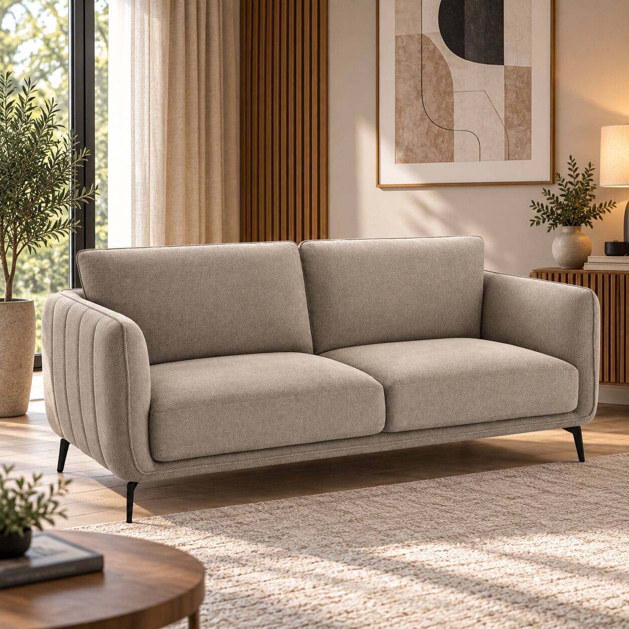 Federkernsofa in Beige Stoffbezug im Scandi Chic