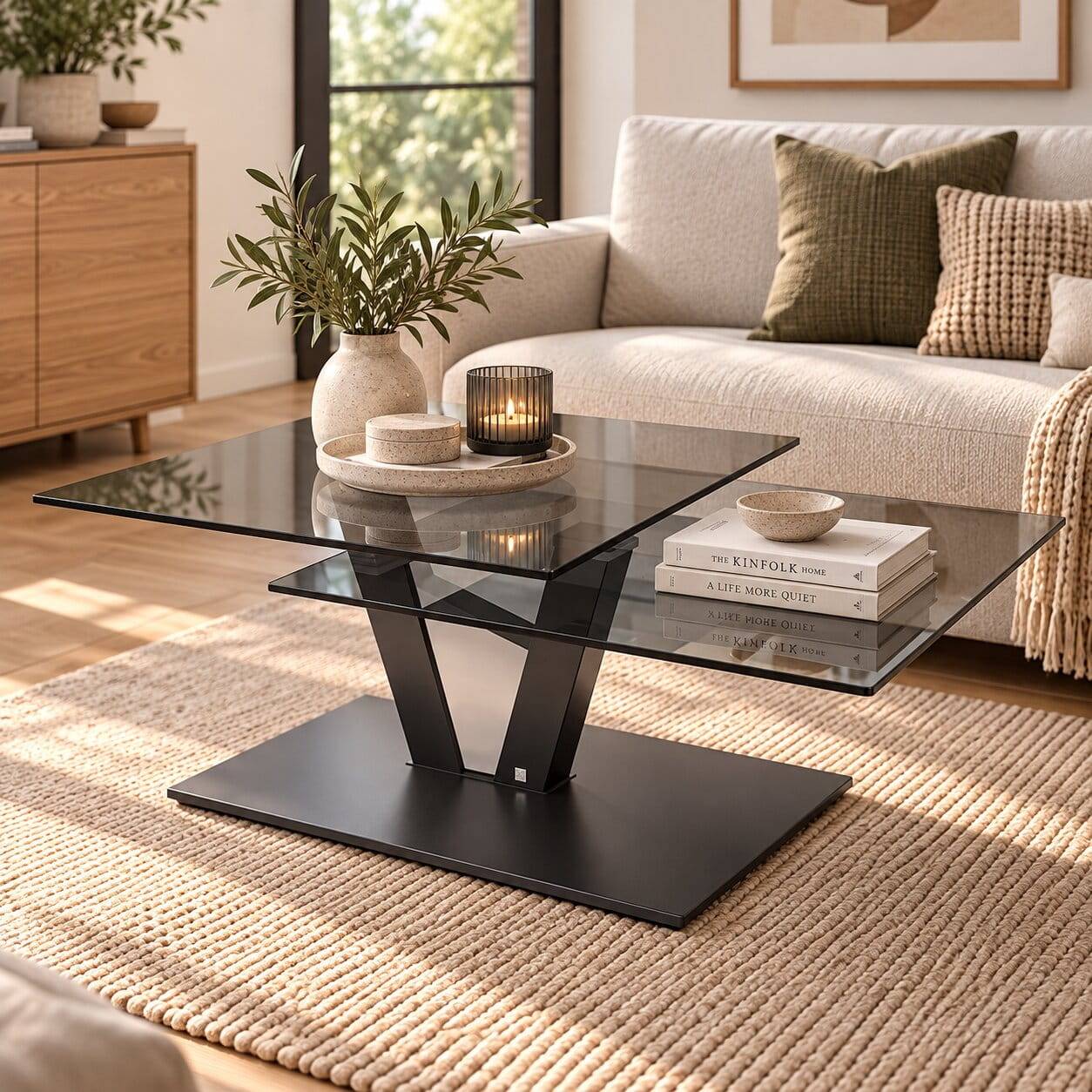 Couchtisch mit zwei Platten aus Rauchglas - obere schwenkbar - mit Rollen