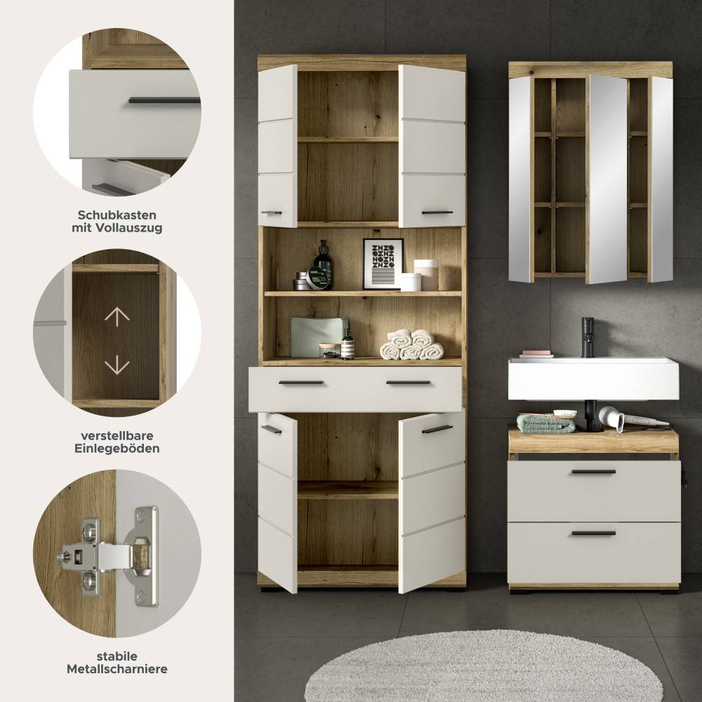 Schubkasten mit Vollauszug, verstellbare Einlegeböden und stabile Metallscharniere im Badschrank – Casserra