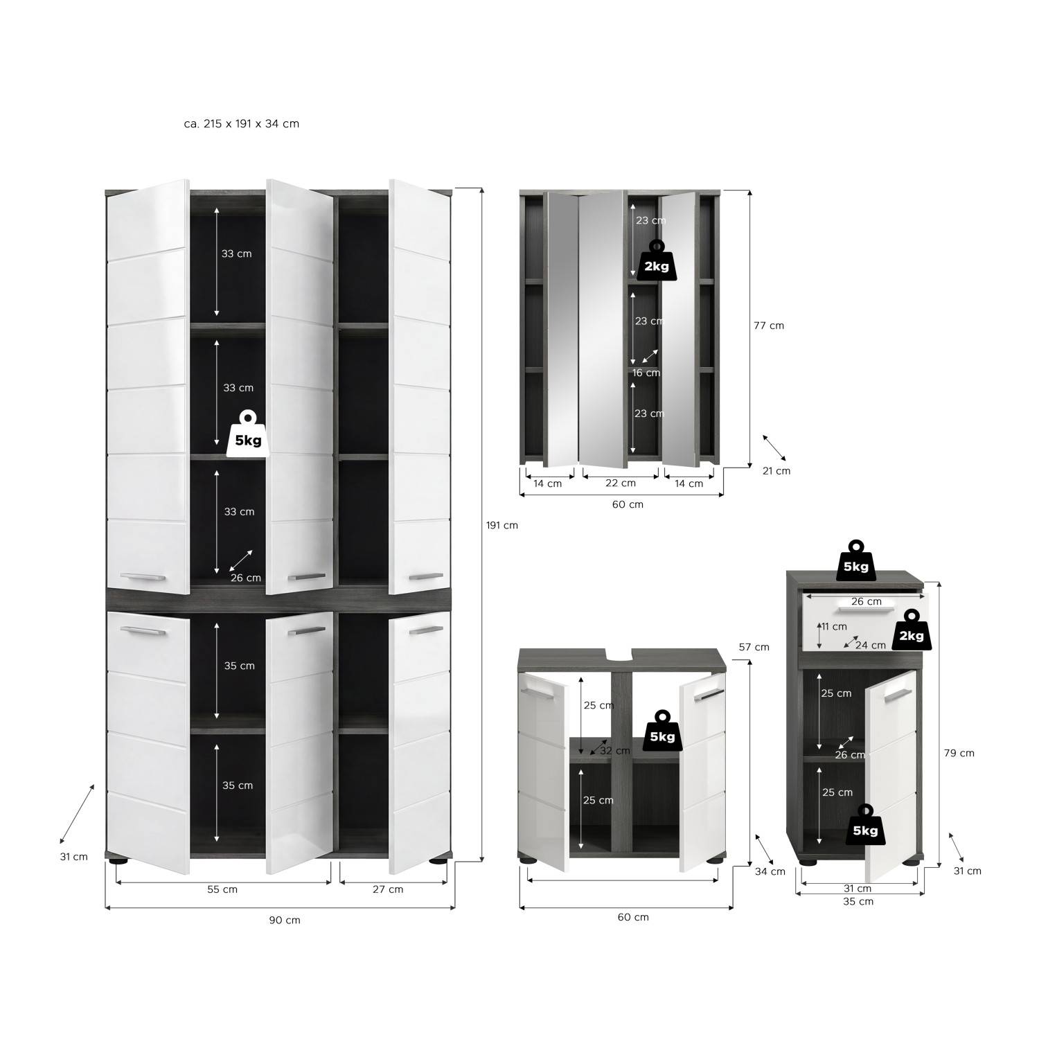 Badezimmermöbel-Set Maße und Belastbarkeit, Hochschrank, Spiegelschrank und Unterschränke offen – Chapan