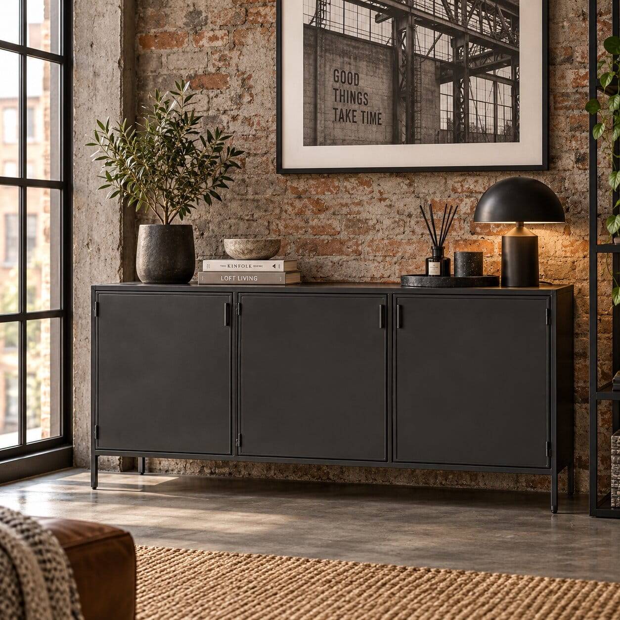160x72x35 Metall Sideboard mit drei Türen in Schwarz pulverbeschichtet