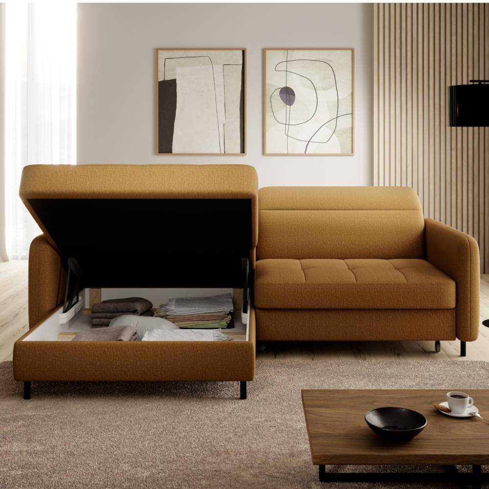 Ecksofa mit Bettfunktion in Senfgelb Stoff - Saye