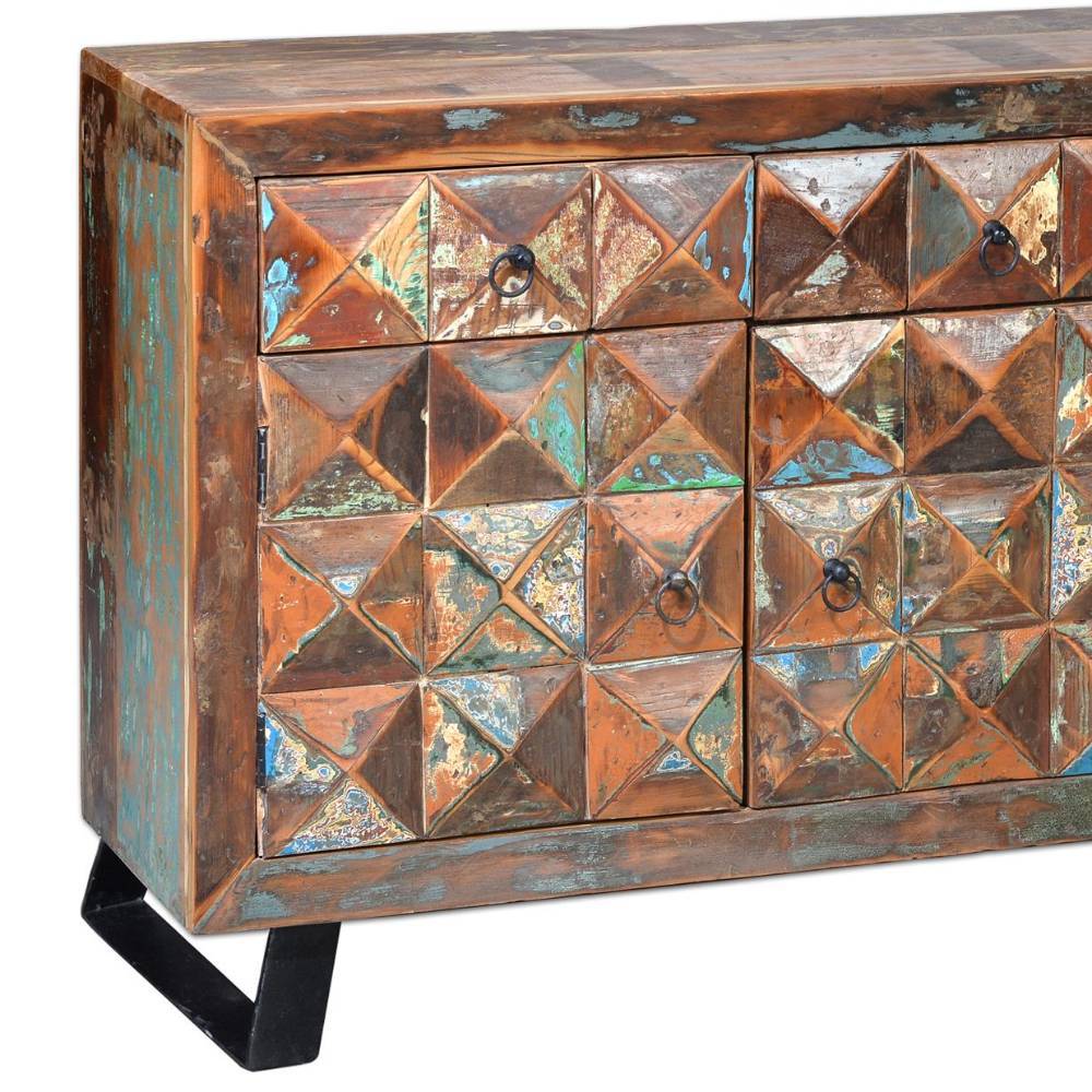 Shabby Chic Sideboard mit strukturierten bunten Fronten aus Recyclingholz, Schubladen und Türen auf schwarzen Metallbeinen – Arona