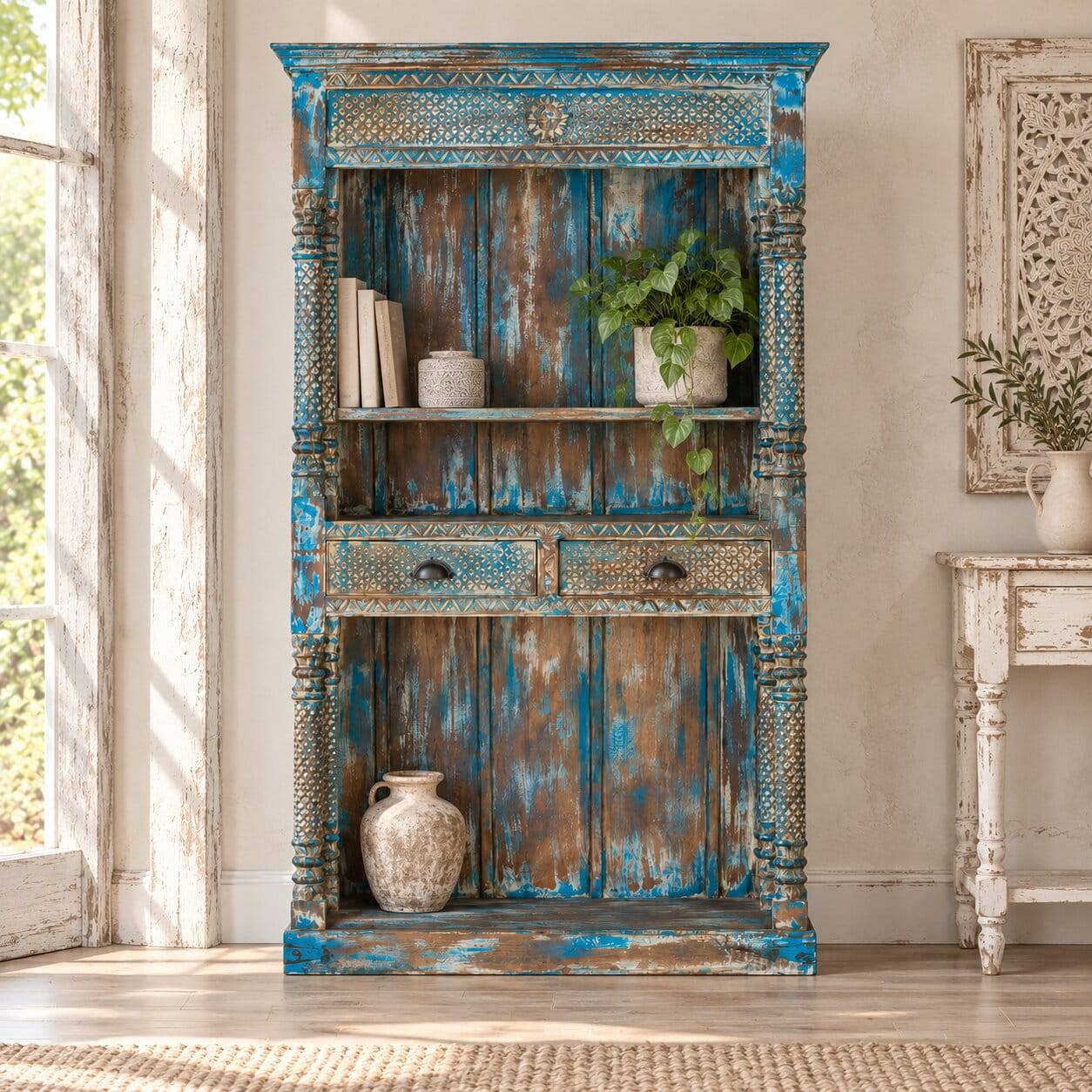 Shabby Chic Regal in unregelmäßgem Blau lackiert aus Mangobaum Massivholz
