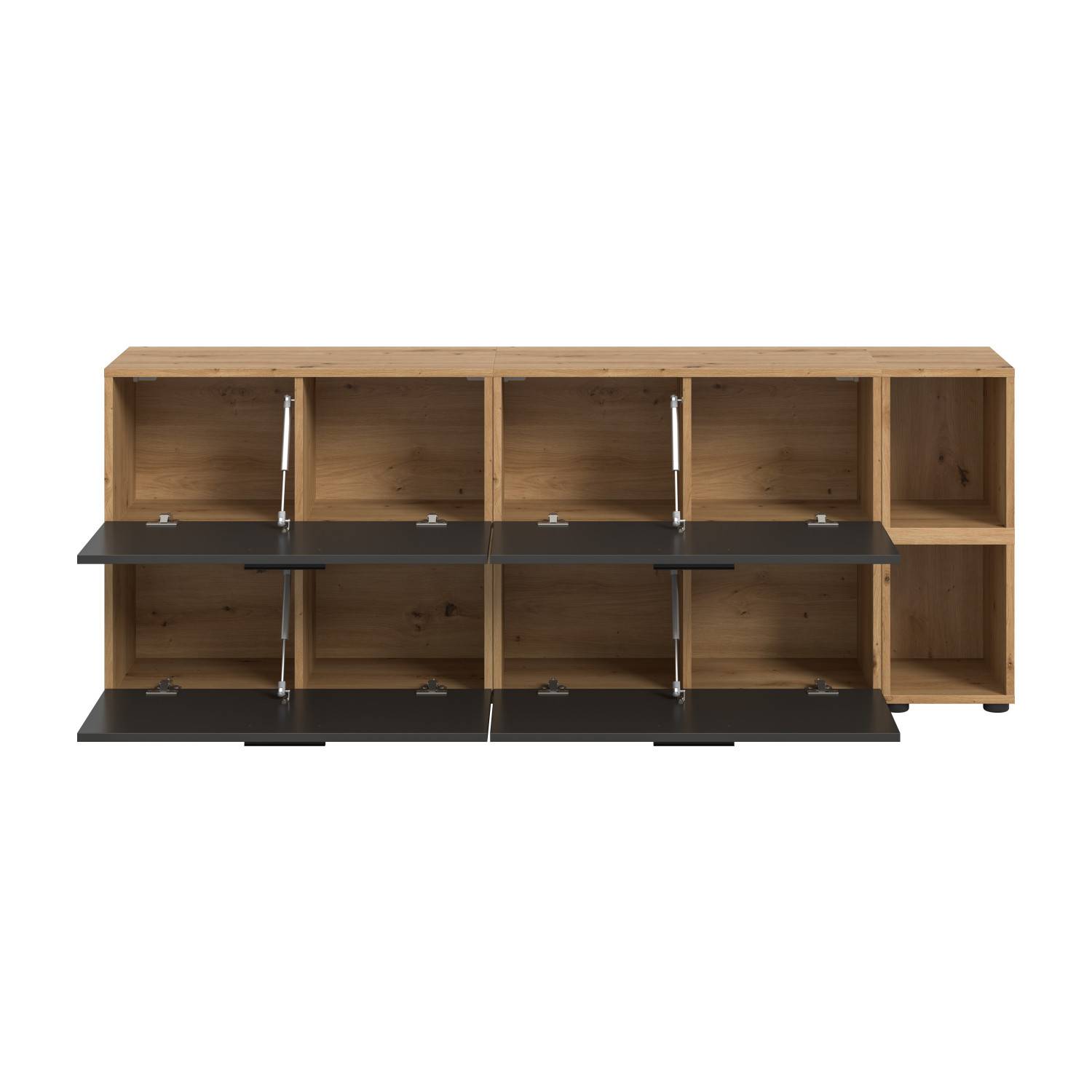 Geradliniges TV Sideboard dreiteilig mit offenen Klapptüren in Eichenoptik und Anthrazit – Estoron
