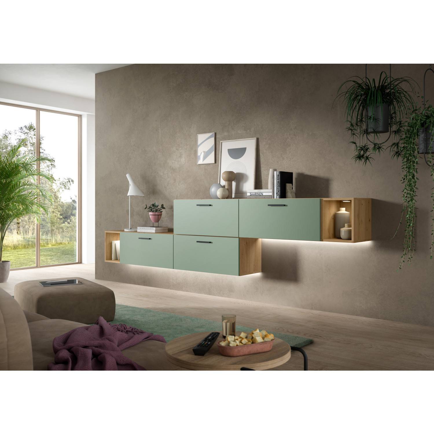 Moderne wandhängende Wohnwand in Holzoptik mit mintgrünen Fronten und integrierter Beleuchtung im Wohnzimmer – Jonni