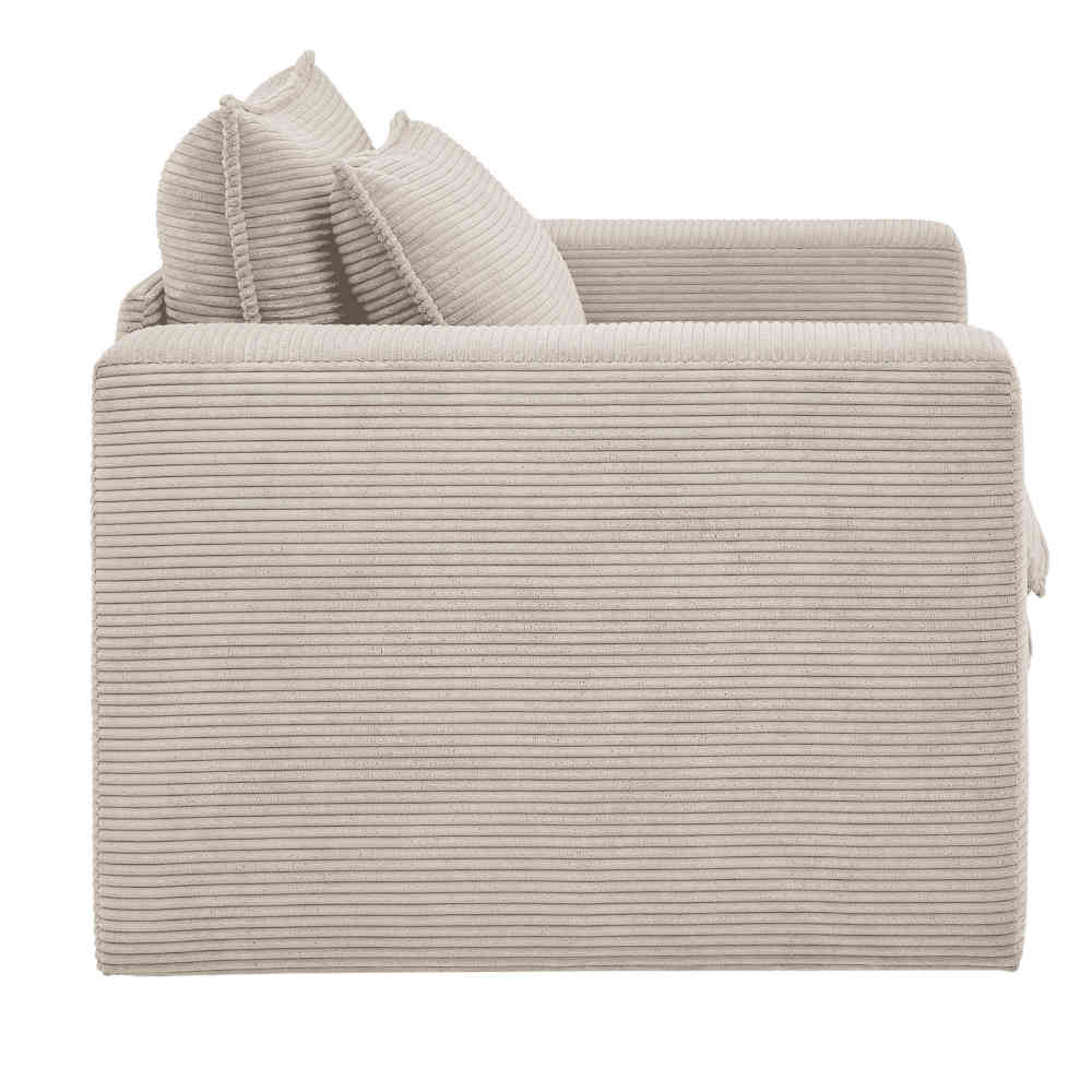 Seitenansicht des komfortablen Big Sessels in Beige Breitcord mit breiten Armlehnen – Jony