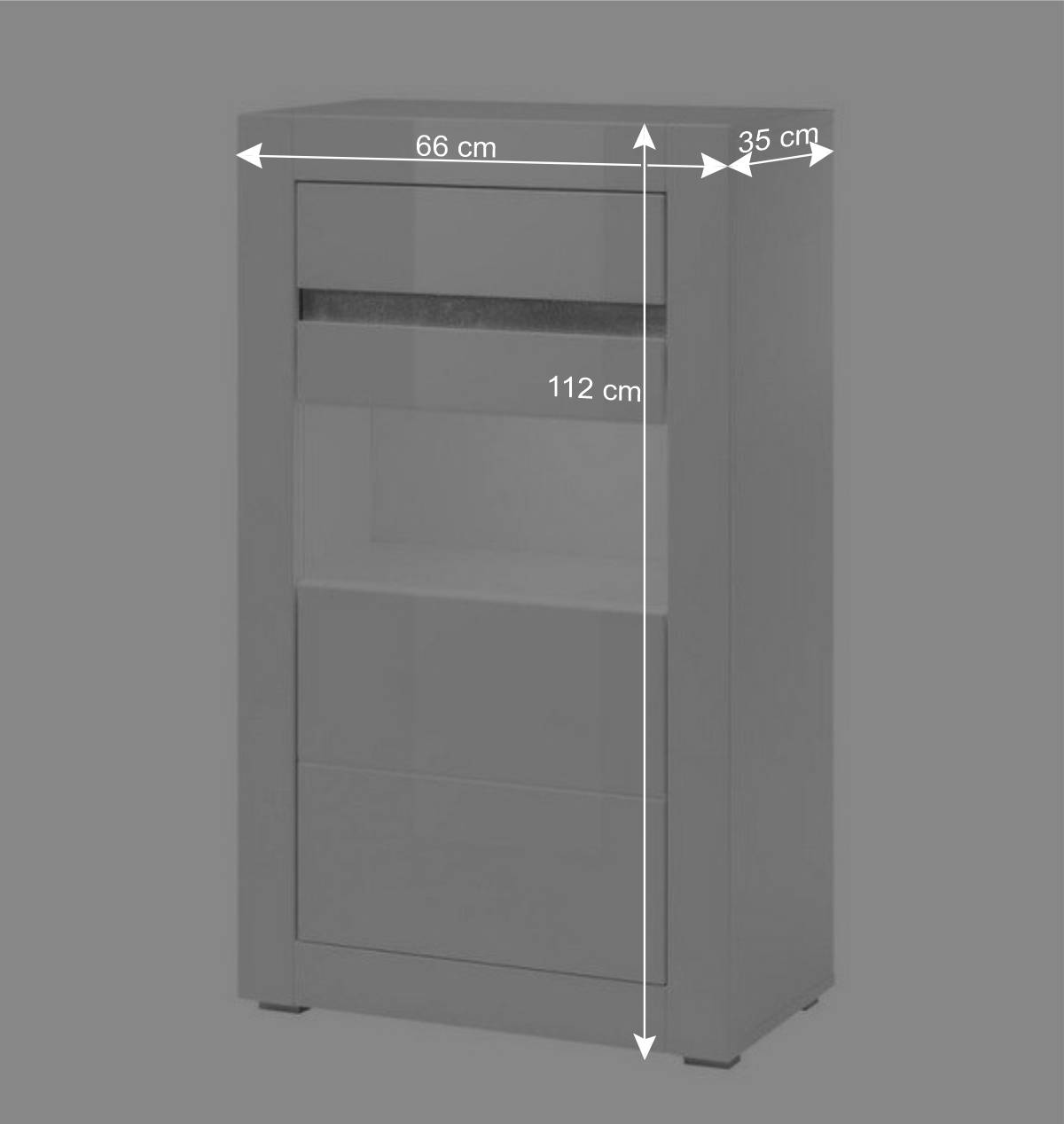 Vitrine in Hochglanz Weiß Mextra mit Beton Dekor Absetzung