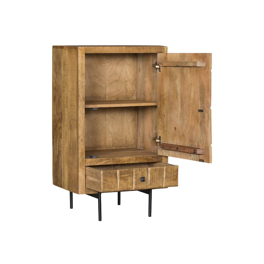 Highboard aus Mangoholz mit offener Tür, Schublade und schwarzen Metallfüßen – Laudion