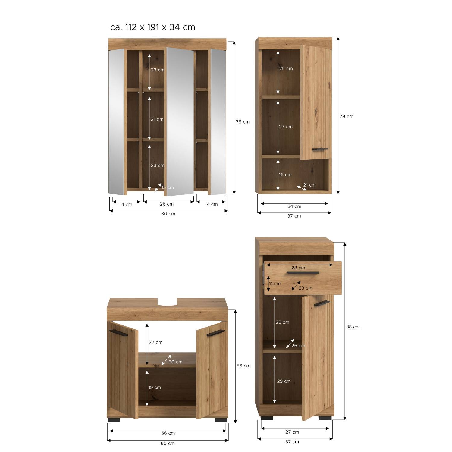 Waschplatz Set Maße und Abmessungen für Spiegelschrank, Hochschrank, Waschtischunterschrank und Kommode – Lasewood