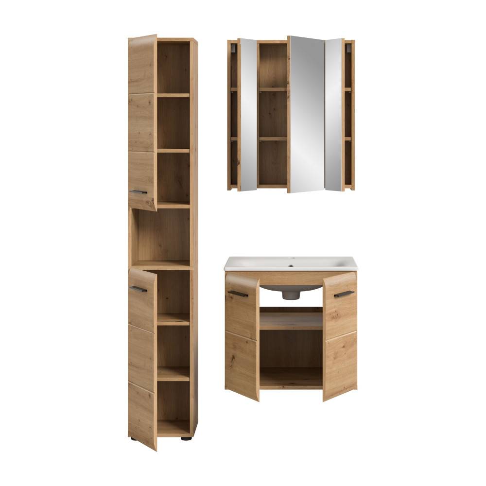 Dreiteiliges Waschplatz Set in heller Holzoptik mit geöffneten Schranktüren und Spiegeln – Canopus