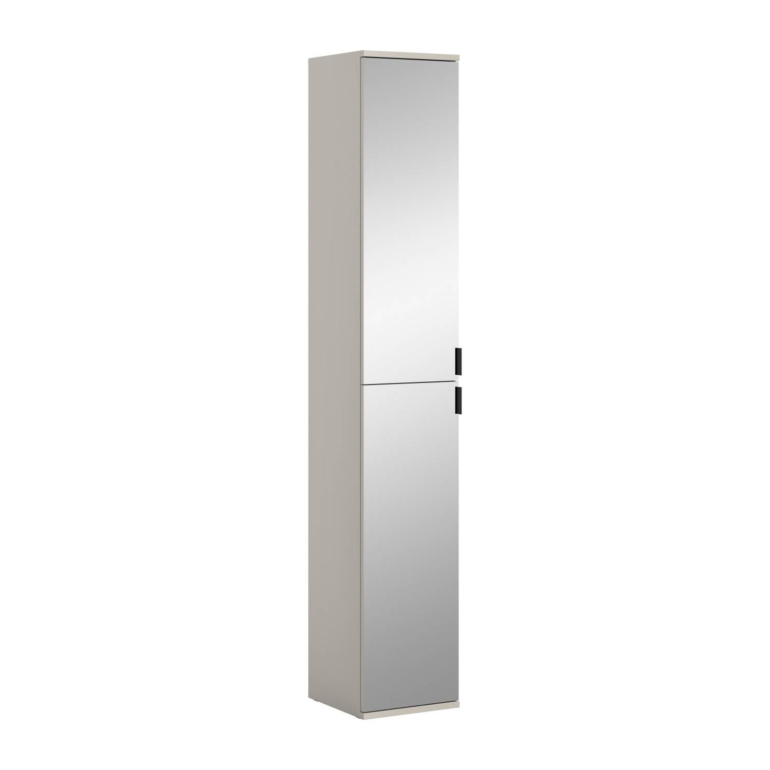 Schmaler Hochschrank mit glänzenden Spiegeltüren als Badmöbel für kleine Bäder – Meho