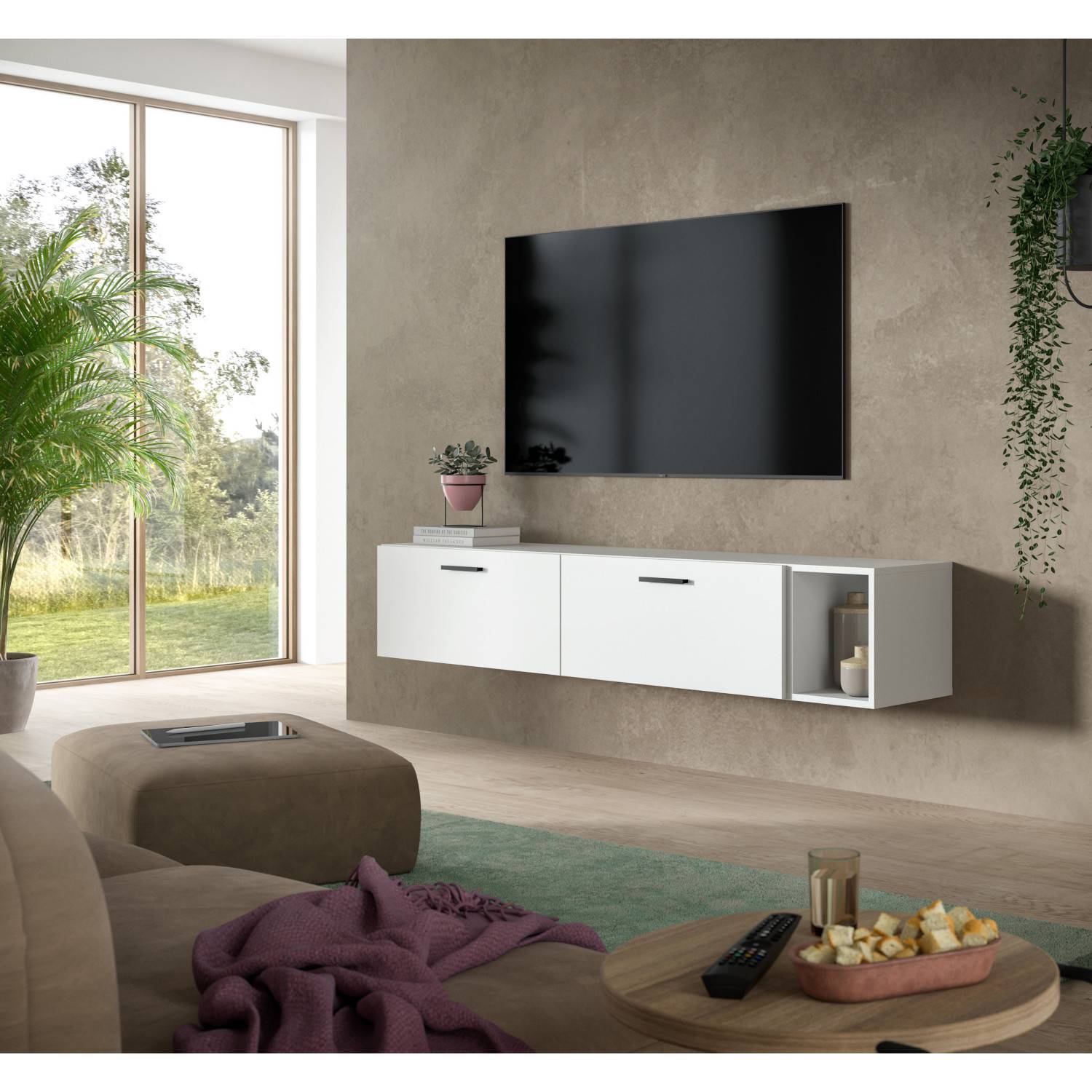 Modernes weißes TV Lowboard mit Regalwürfel wandhängend im Wohnzimmer – Actionsa