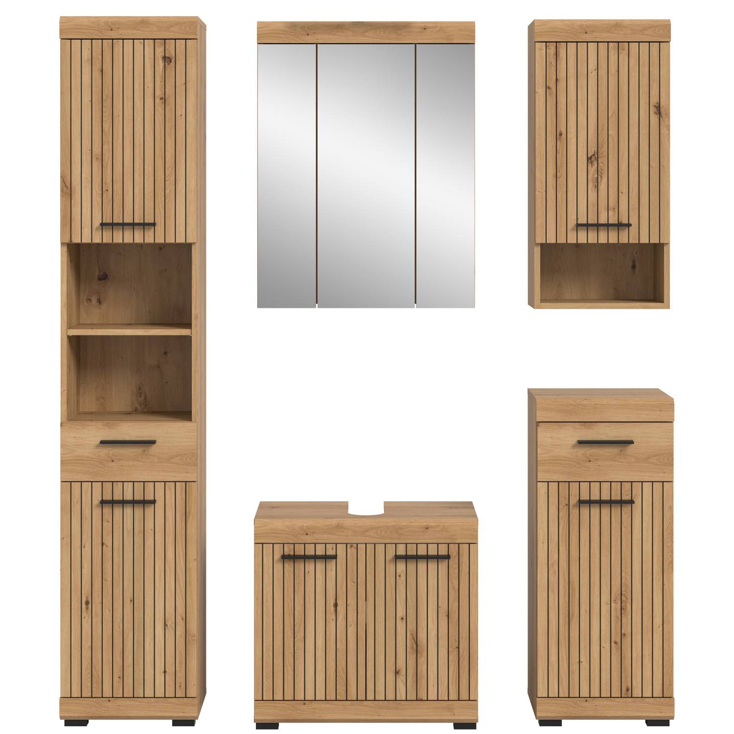 Komplette Badmöbelgarnitur fünfteilig mit Waschtischunterschrank, Hochschrank und Hängeschrank – Lasewood