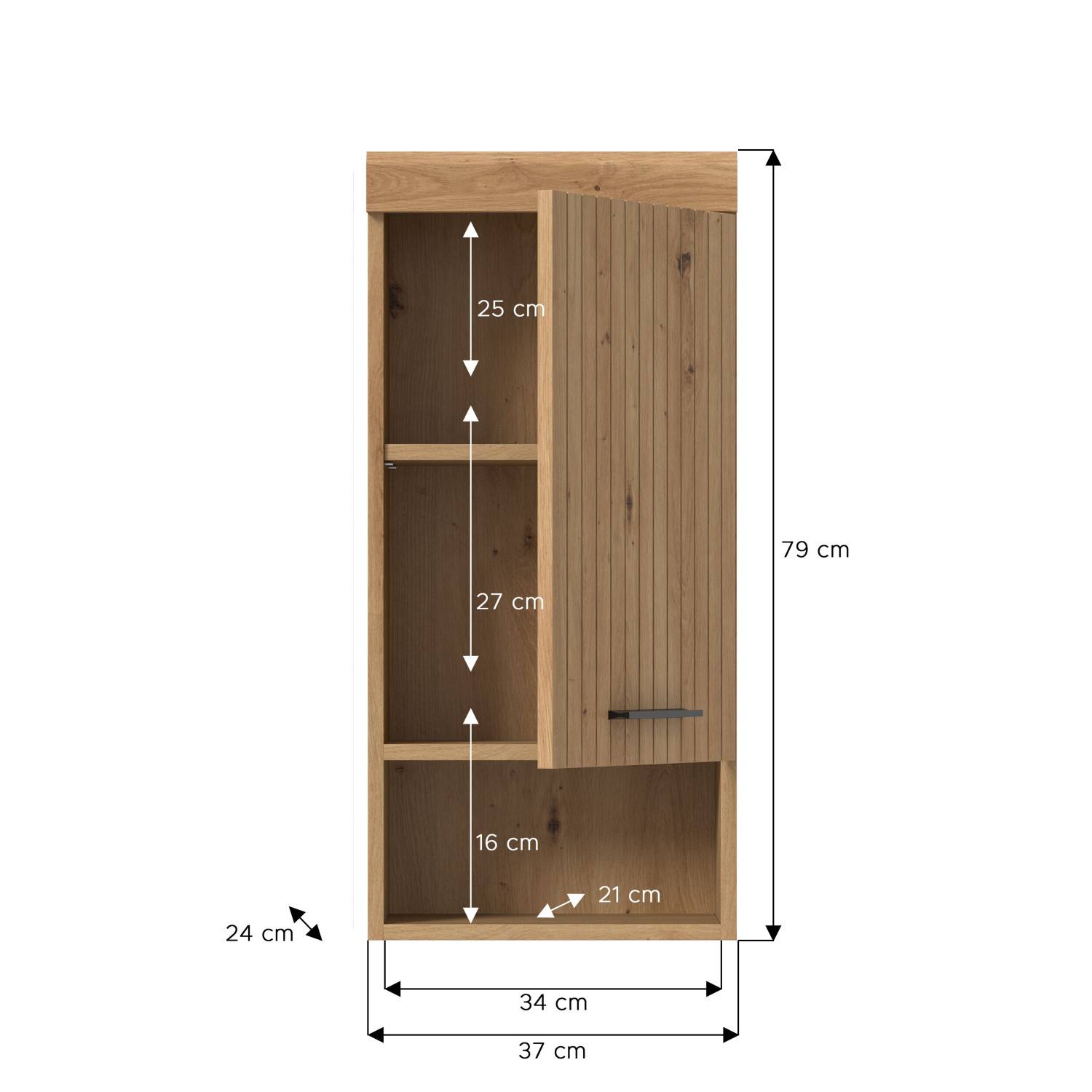 Maße und Abmessungen des schmalen Bad Hängeschranks in Artisan Holzoptik – Lasewood