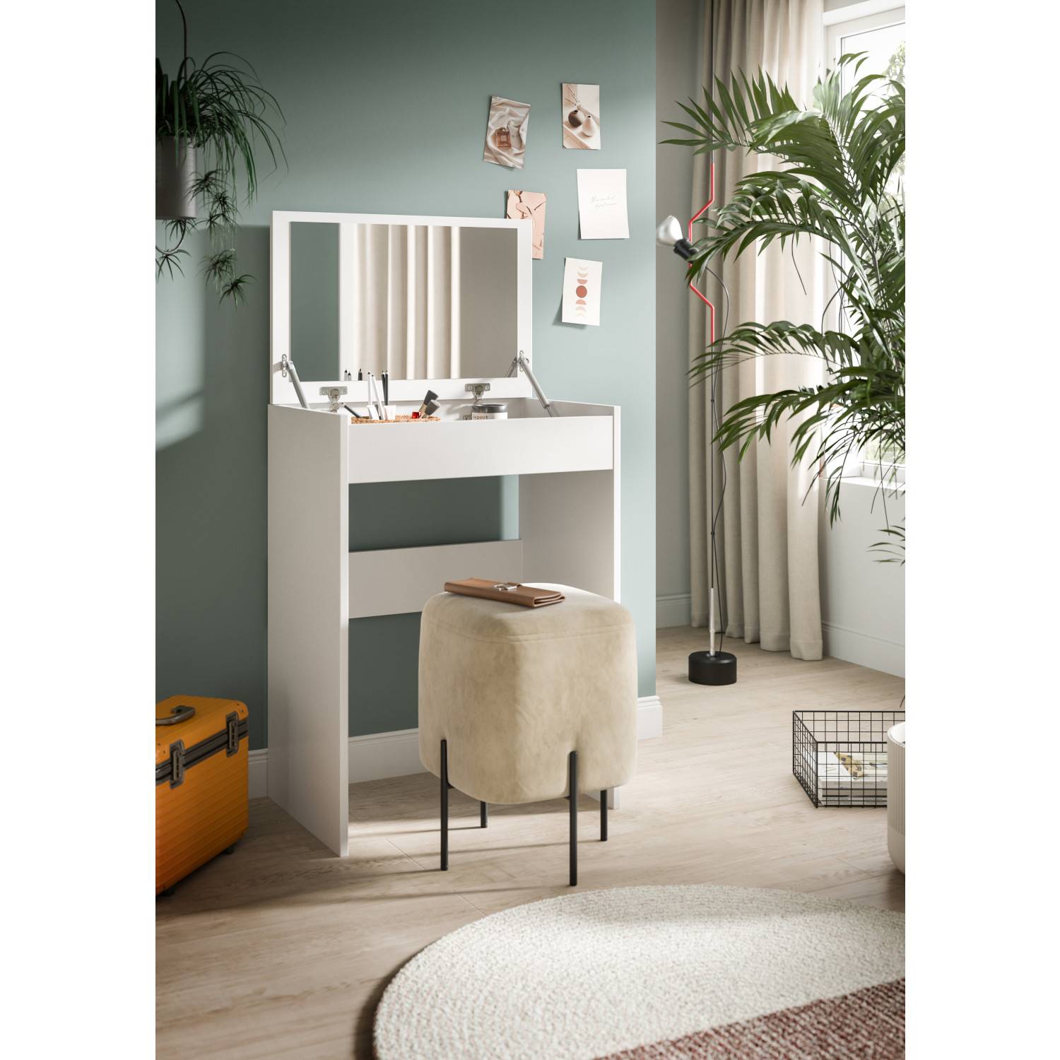Eleganter weißer Frisiertisch mit Spiegel und Hocker in modernem Schlafzimmer – Licasia