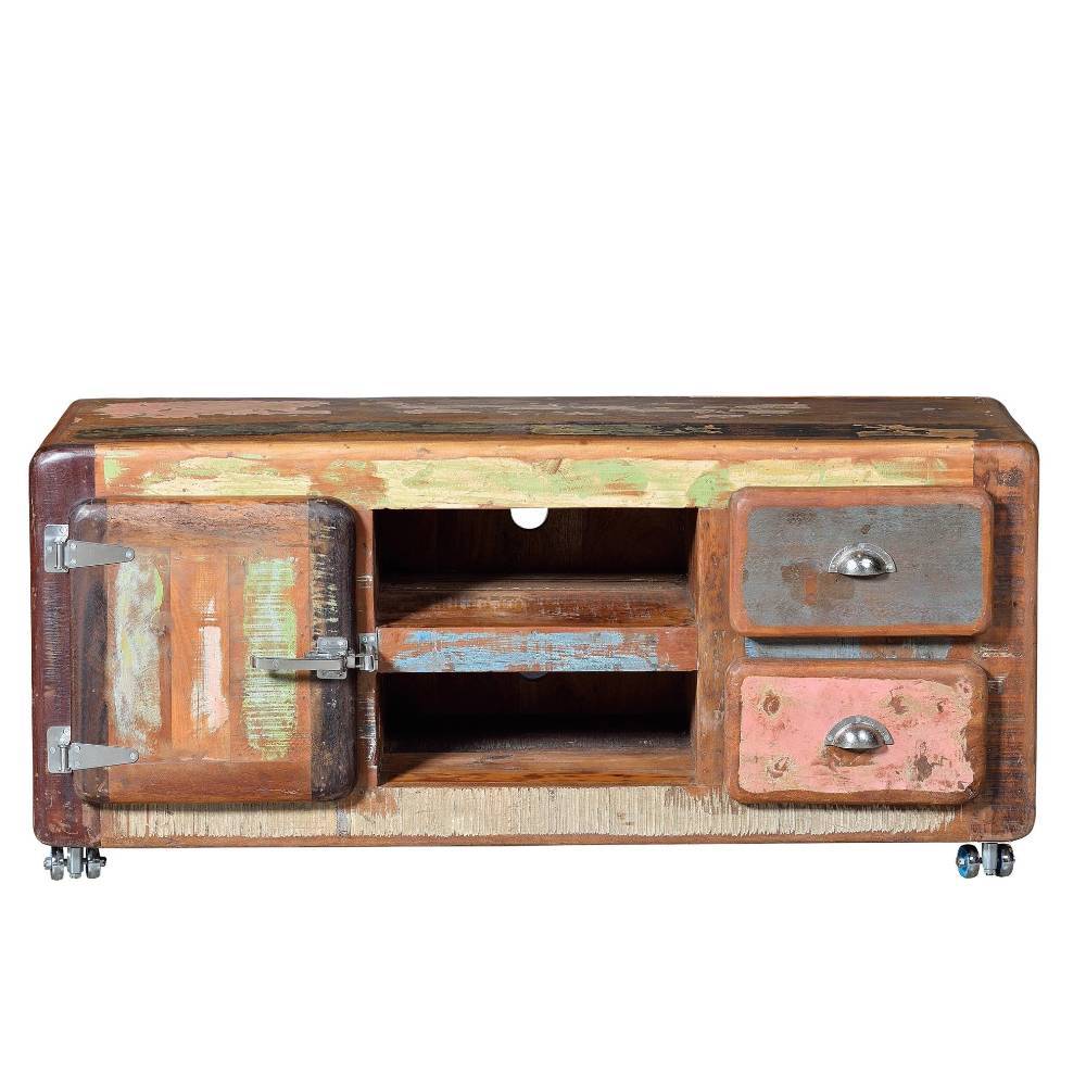 Recyceltes Holz TV-Lowboard im Shabby Chic Design mit bunten Oberflächen und Rollen – Salvatoria