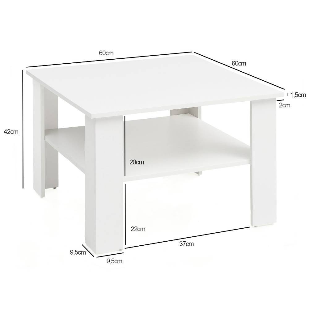 Weißer quadratischer Couchtisch mit offener Ablage und Maßen – Lavenzia