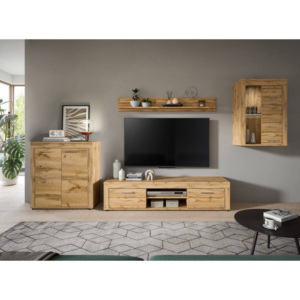Moderne Wohnzimmer Anbauwand aus vier Elementen in heller Holzmaserung mit viel Stauraum – Ianovar