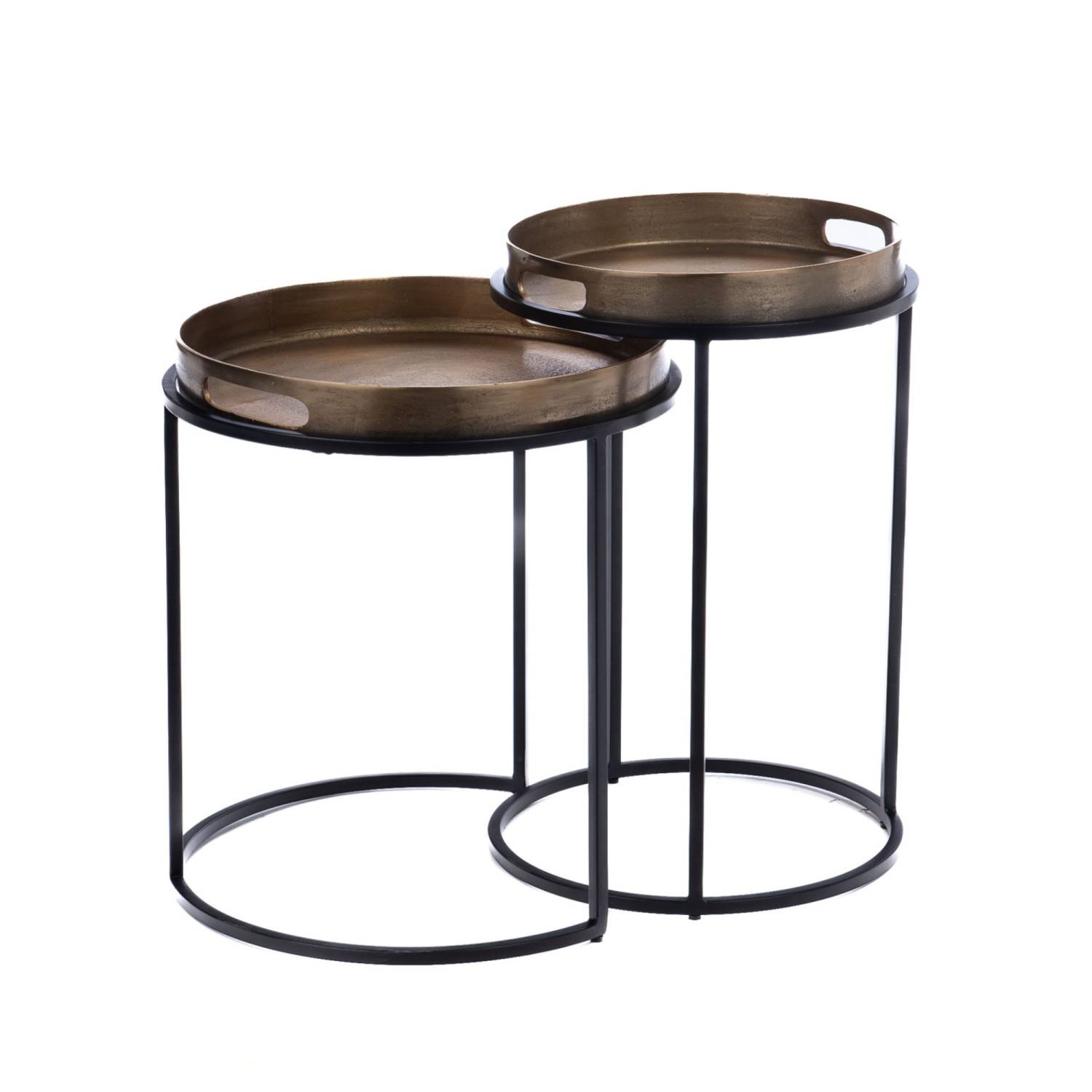 Rundes 2er Set Satztische mit abnehmbaren Tabletts aus Metall in Schwarz und Antikgold      – Rosmani