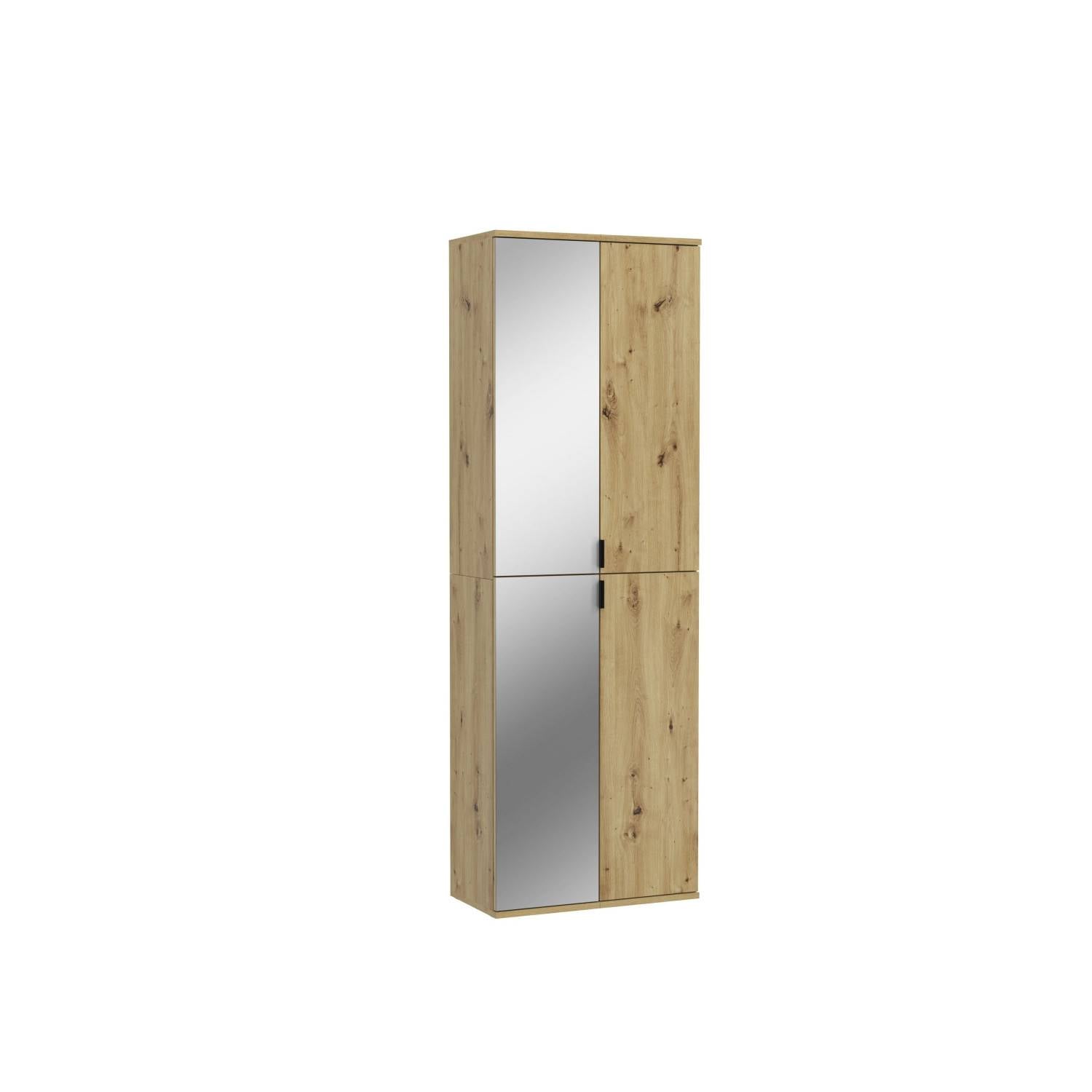 Garderobenschrank Pretty zweiteilig in Holzoptik mit Spiegeltüren und schwarzen Griffen – Pretty