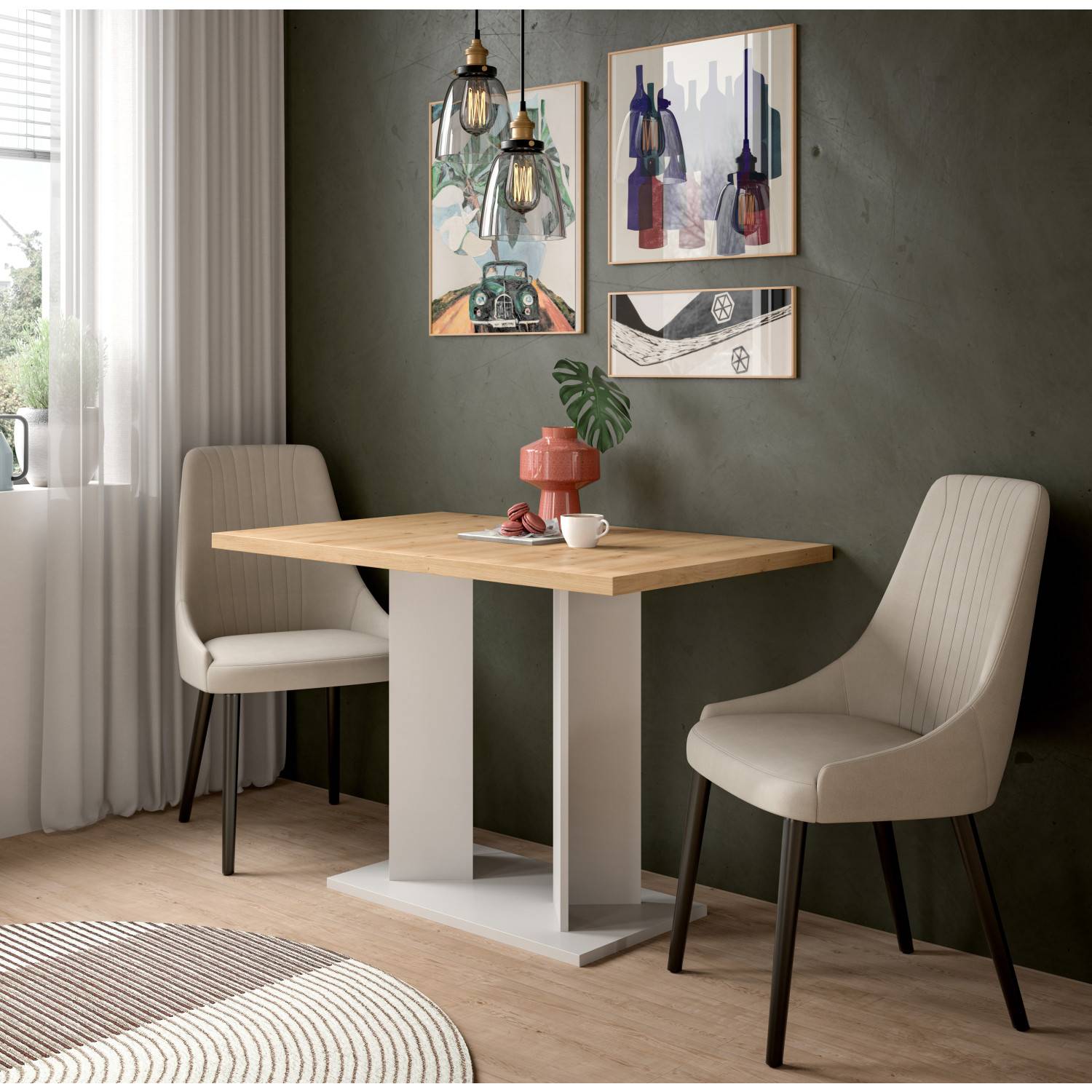 Moderner Esstisch mit Holztischplatte und zwei Stühlen für das Esszimmer – Korres