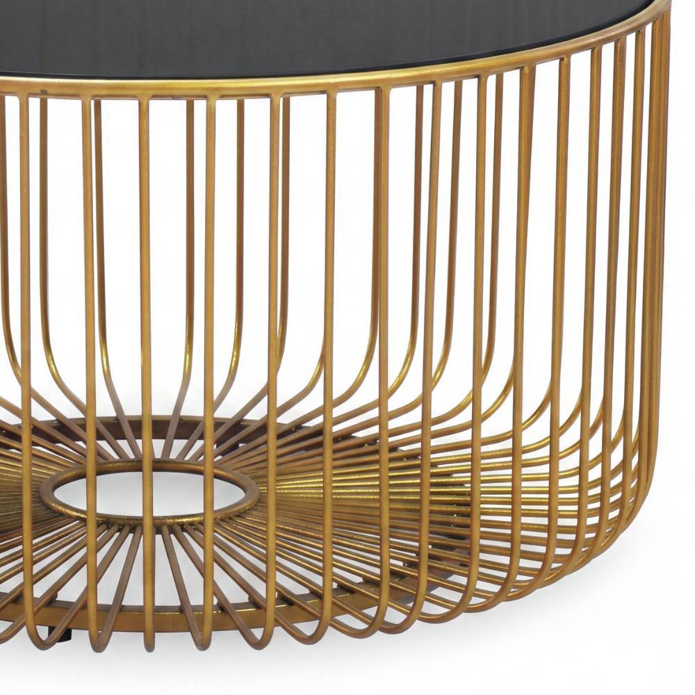 Couchtisch mit einzigartigem goldenen Metallkäfig-Gestell und runder Tischplatte – Malago
