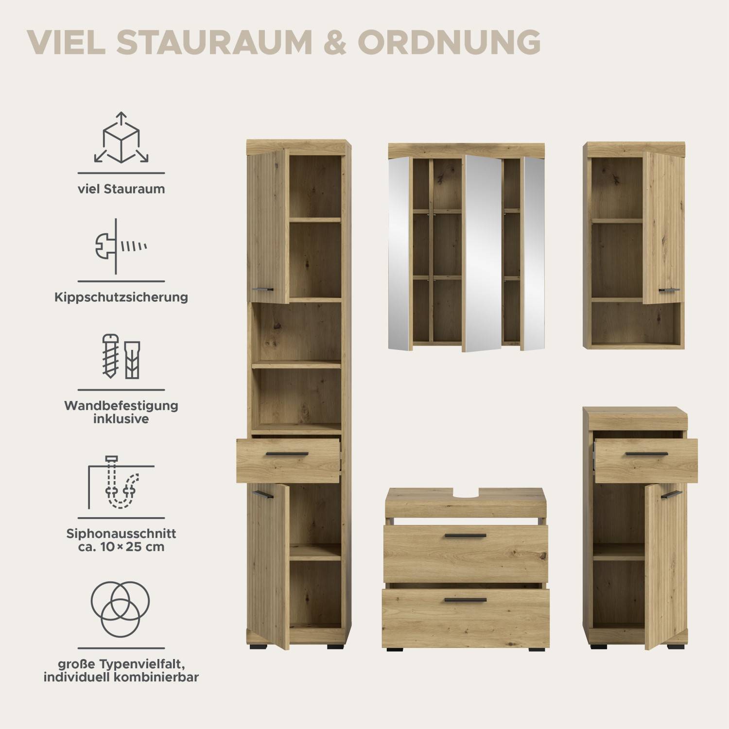 Viel Stauraum und Ordnung im Badezimmer, inklusive Wandbefestigung und Siphonausschnitt – Lasewood