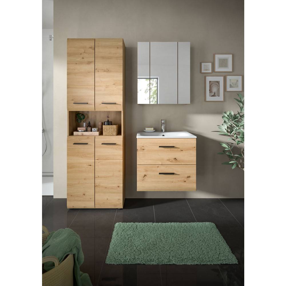 Komplettes Badmöbelset in Eichenoptik mit Hochschrank, Waschtischunterschrank und Spiegelschrank – Canopus